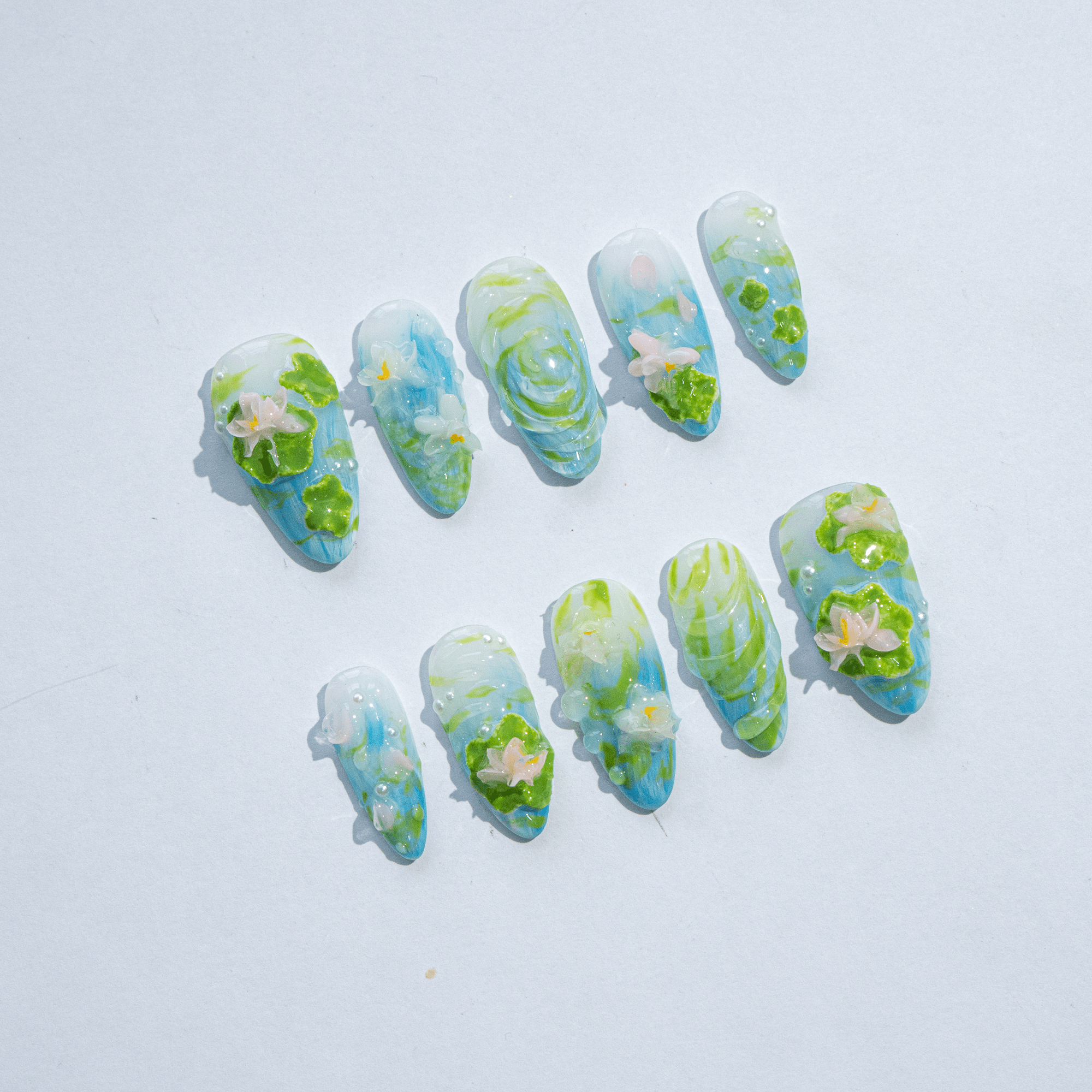 Lotus Pond press-on nails – design close-up by Handora