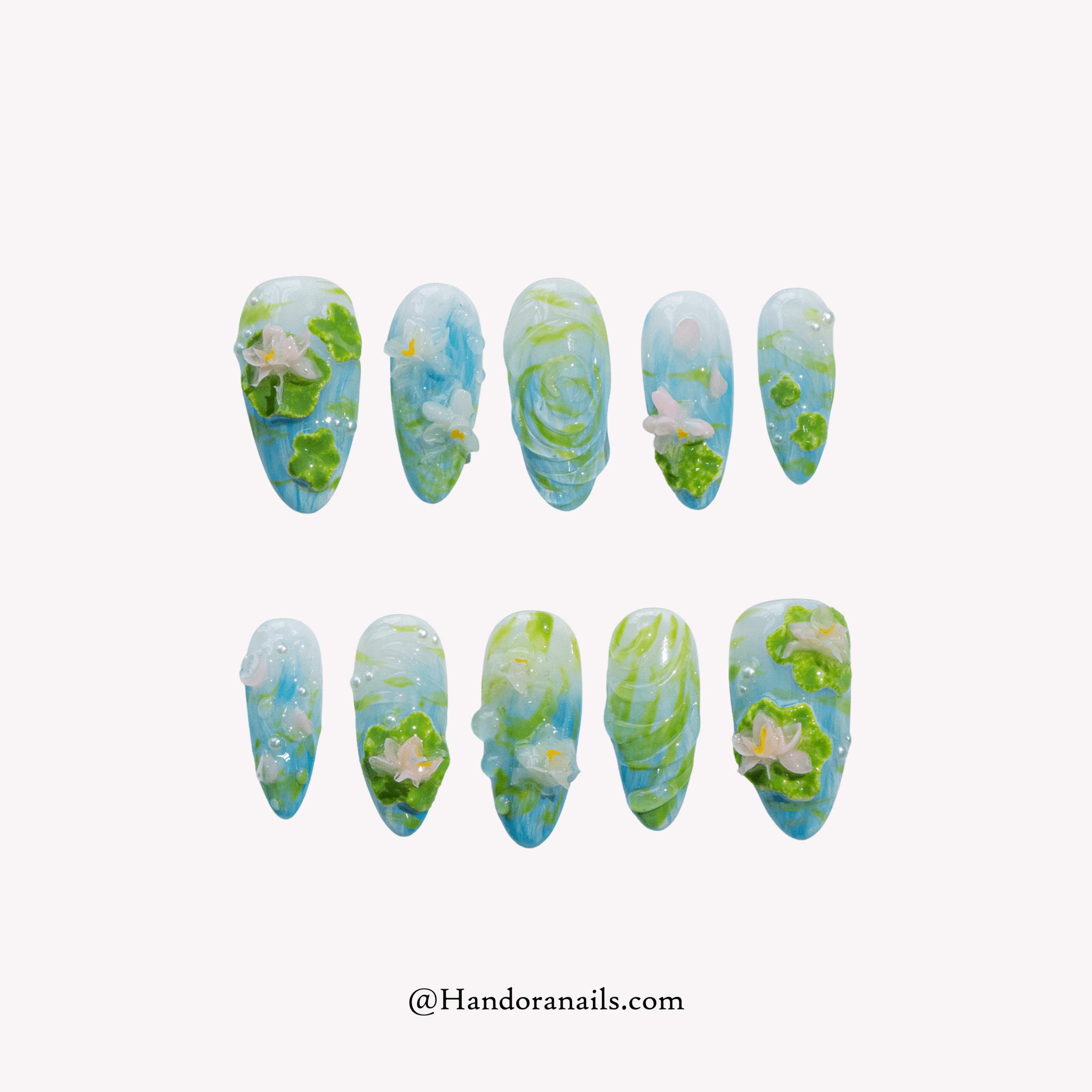 Lotus Pond floral press-on nails by Handora