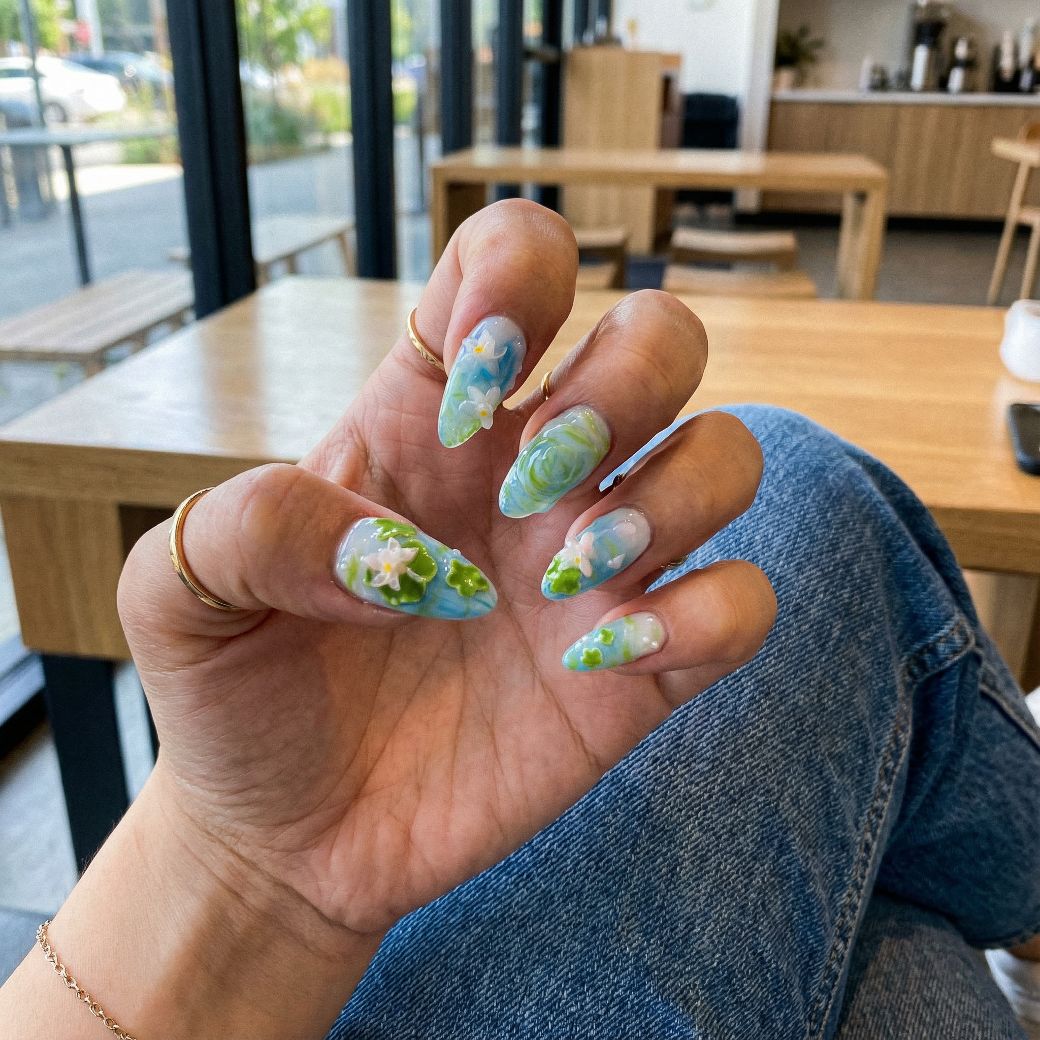 Lotus Pond press-on nails – hand-painted reusable gel set by Handora
