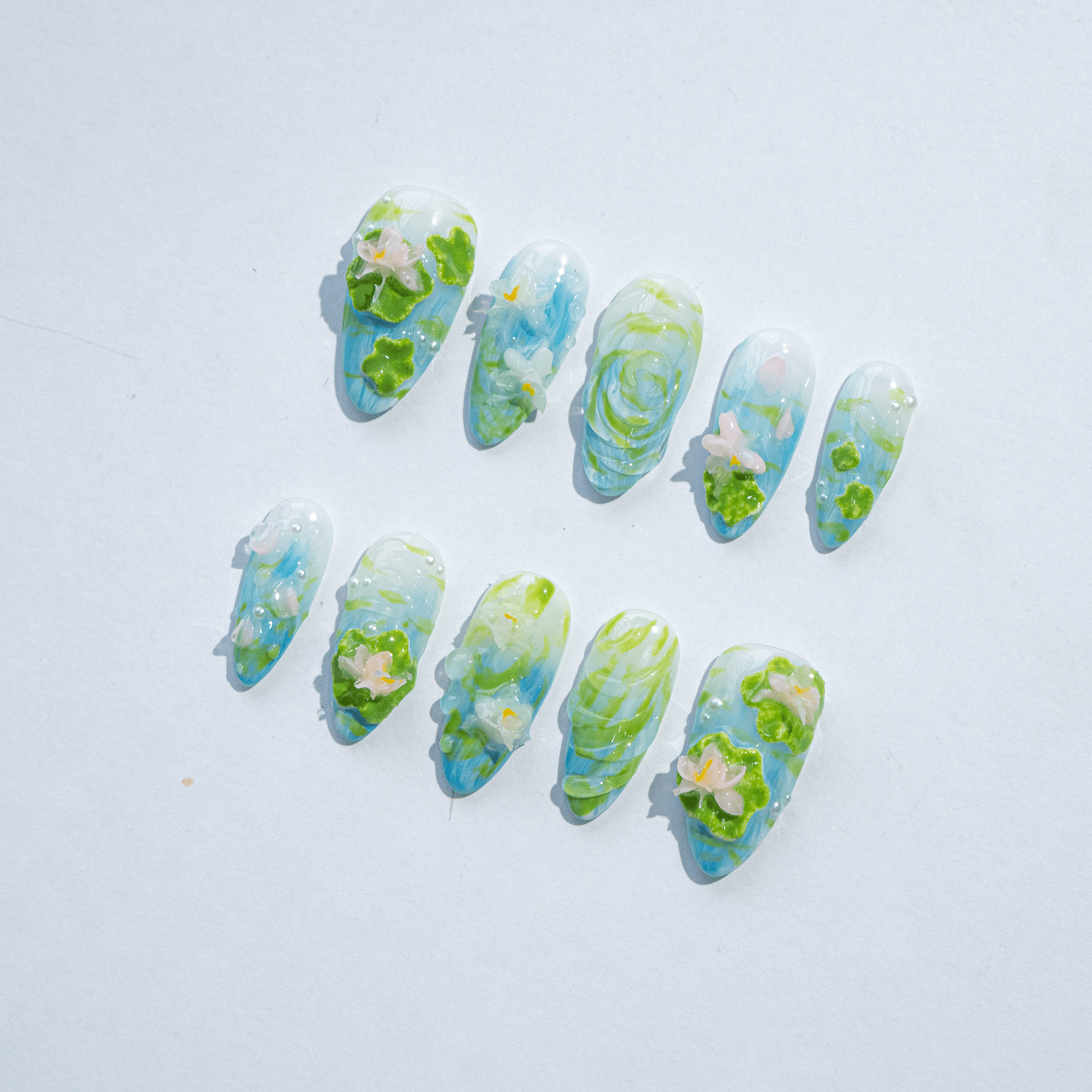 Lotus Pond floral nail design – handmade press-on nails by Handora