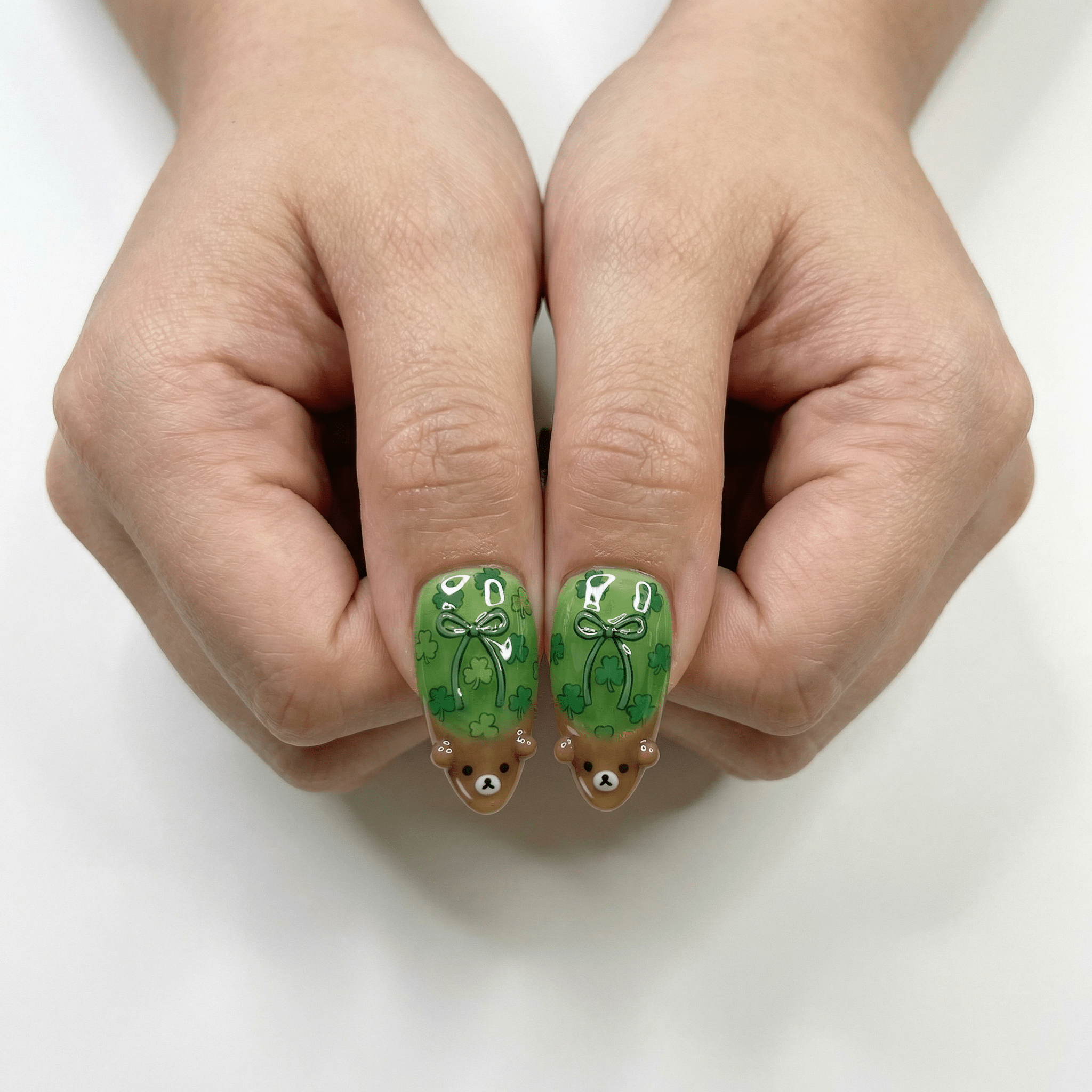 Lucky Beary press-on nails – design close-up by Handora