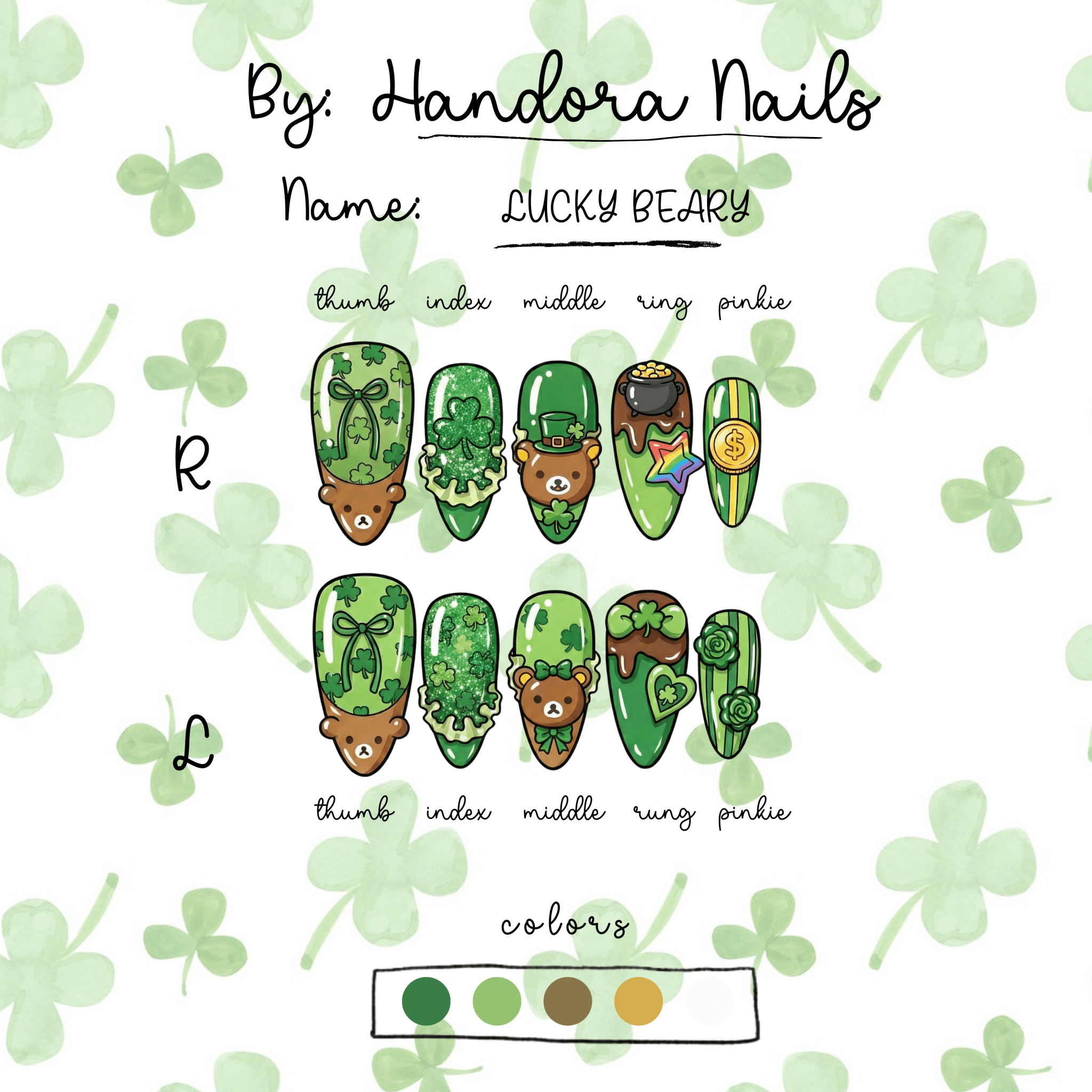 Lucky Beary press-on nails worn on hand – almond shape by Handora