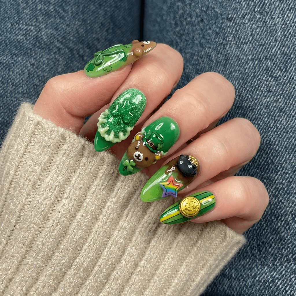 Lucky Beary press-on nails – hand-painted reusable gel set by Handora
