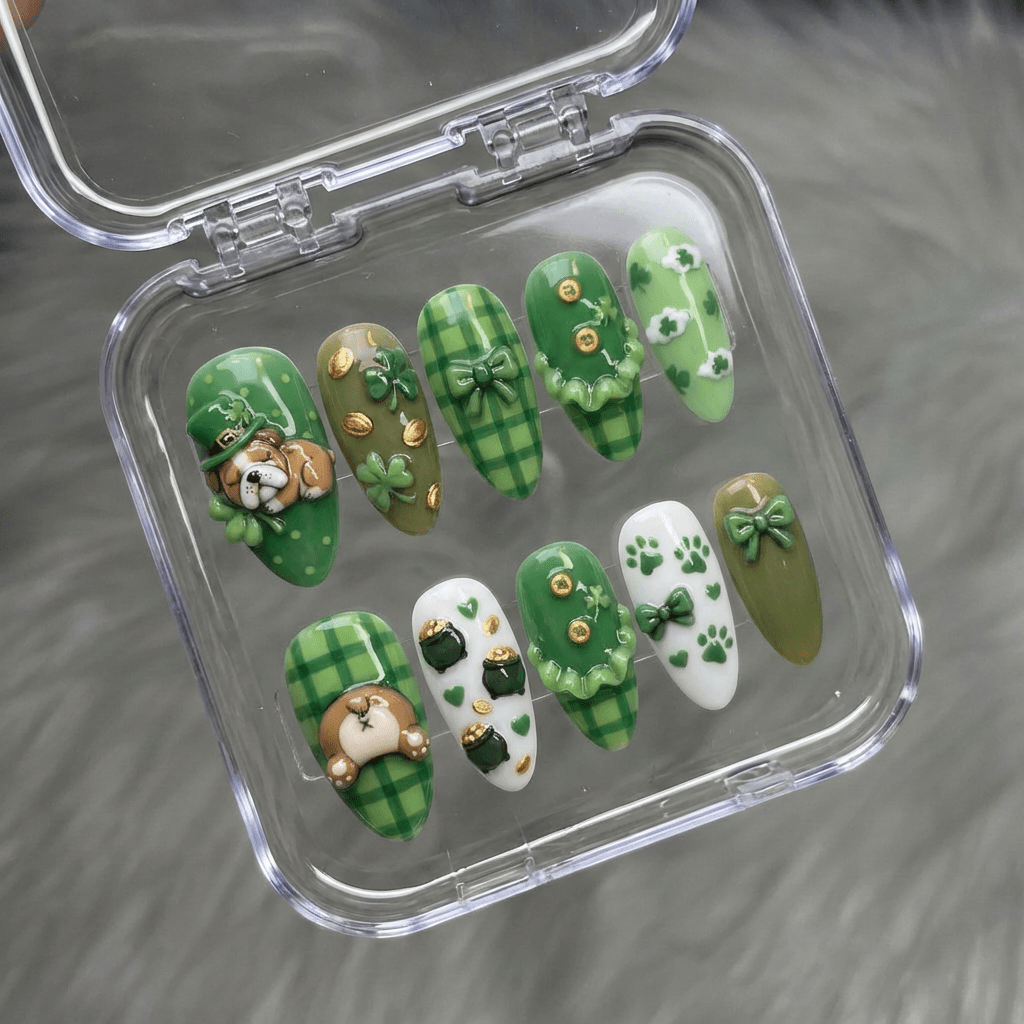 Lucky Bulldog 3d nail design – handmade press-on nails by Handora