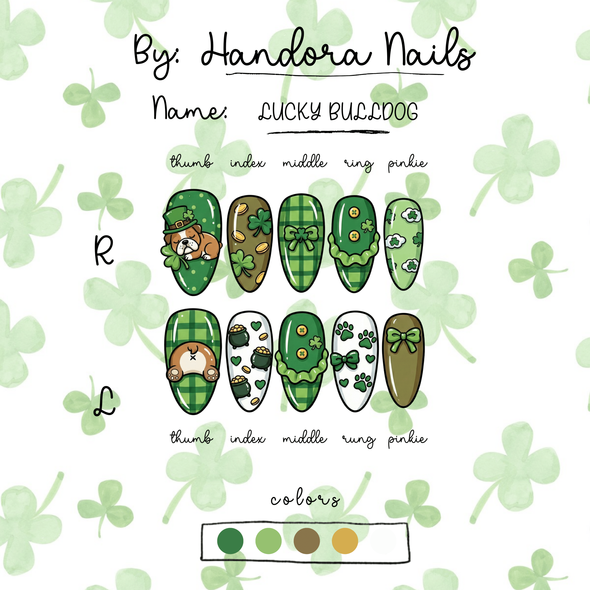 Lucky Bulldog press-on nails worn on hand – almond shape by Handora