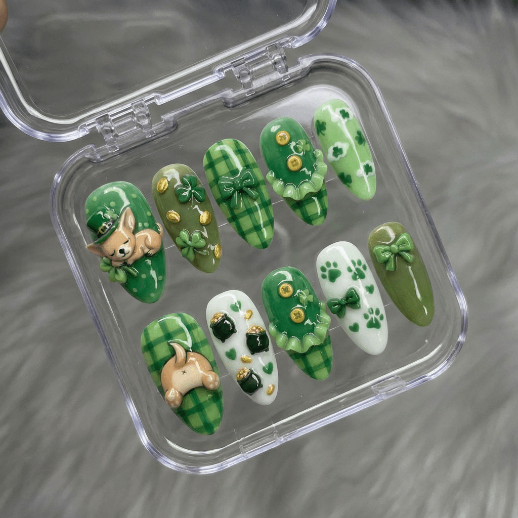 Lucky Chihuahua nail design – handmade press-on nails by Handora