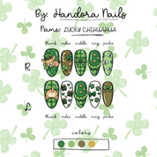 Lucky Chihuahua press-on nails worn on hand – almond shape by Handora