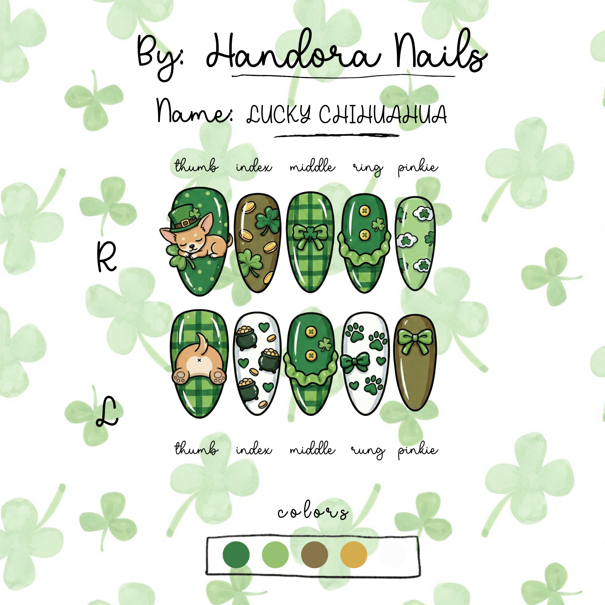 Lucky Chihuahua press-on nails worn on hand – almond shape by Handora