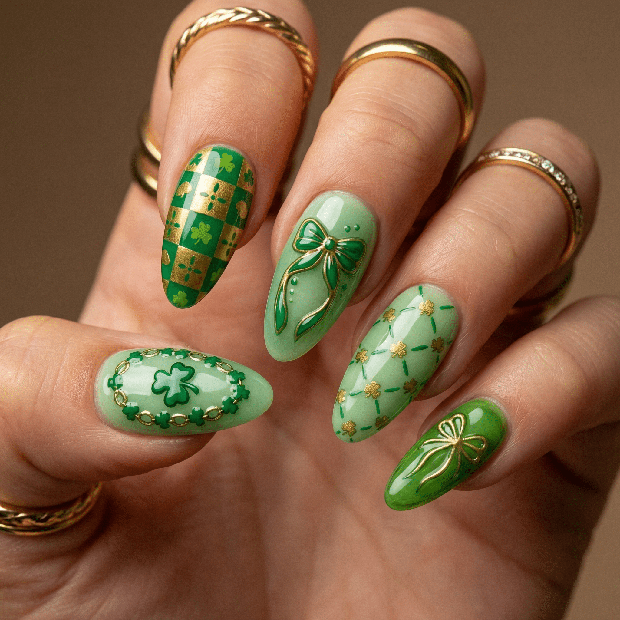 Lucky Clover press-on nails – hand-painted reusable gel set by Handora
