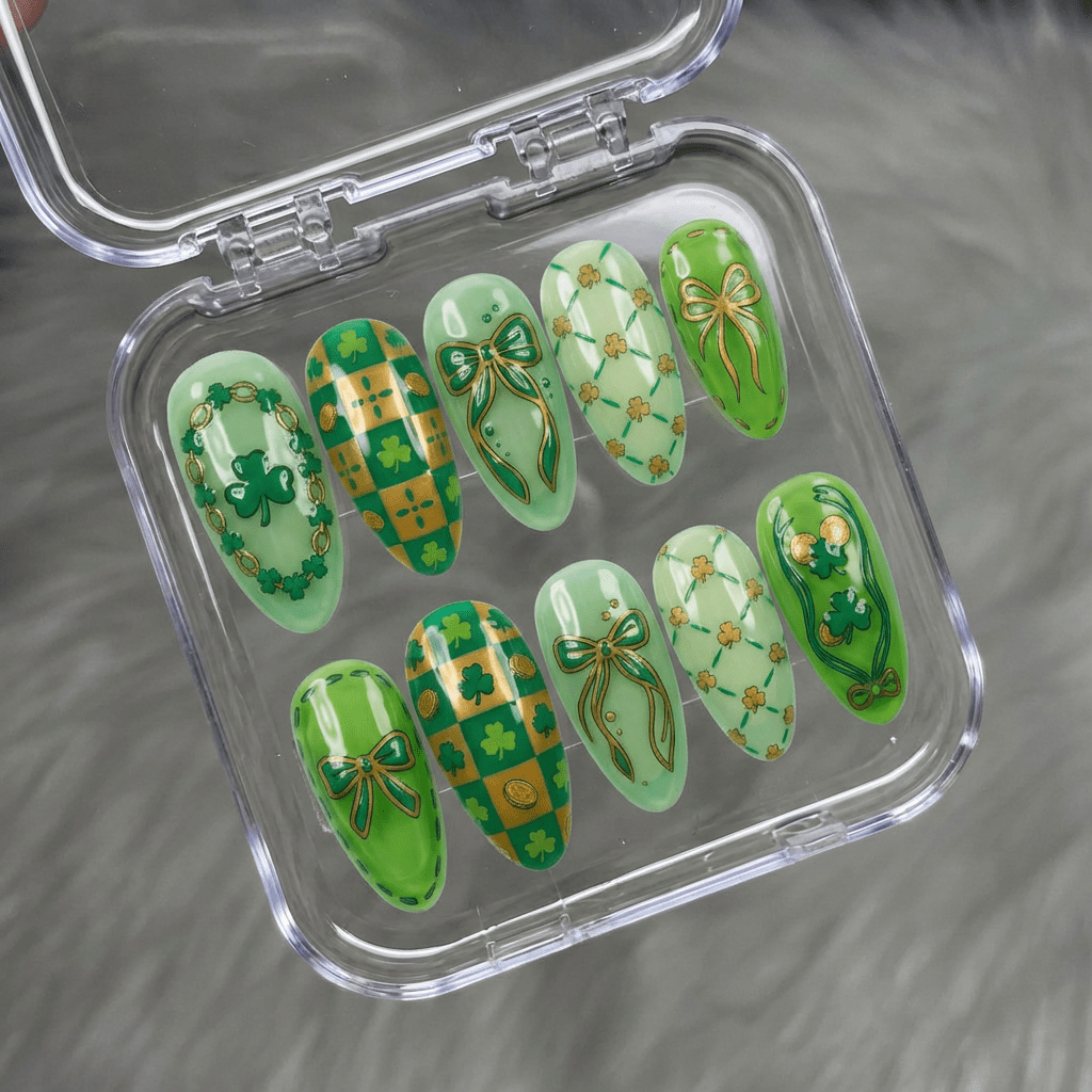 Lucky Clover press-on nails – design close-up by Handora