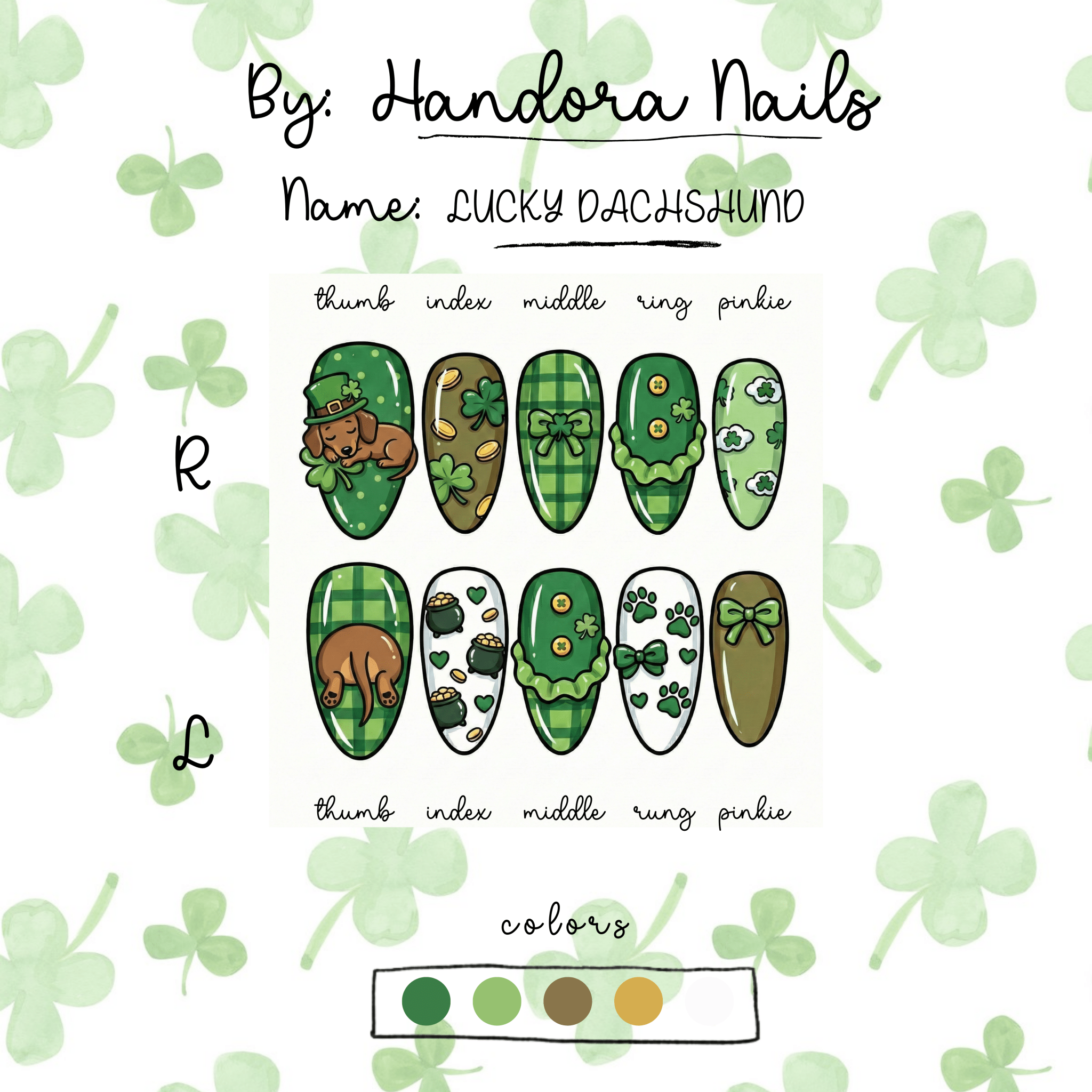 Lucky Dachshund press-on nails worn on hand – almond shape by Handora