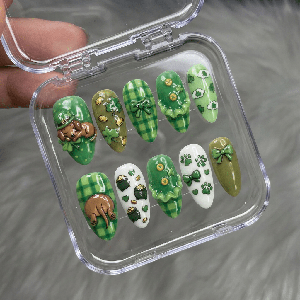 Lucky Dachshund 3d nail design – handmade press-on nails by Handora