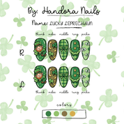 Lucky Leprechaun press-on nails worn on hand – almond shape by Handora