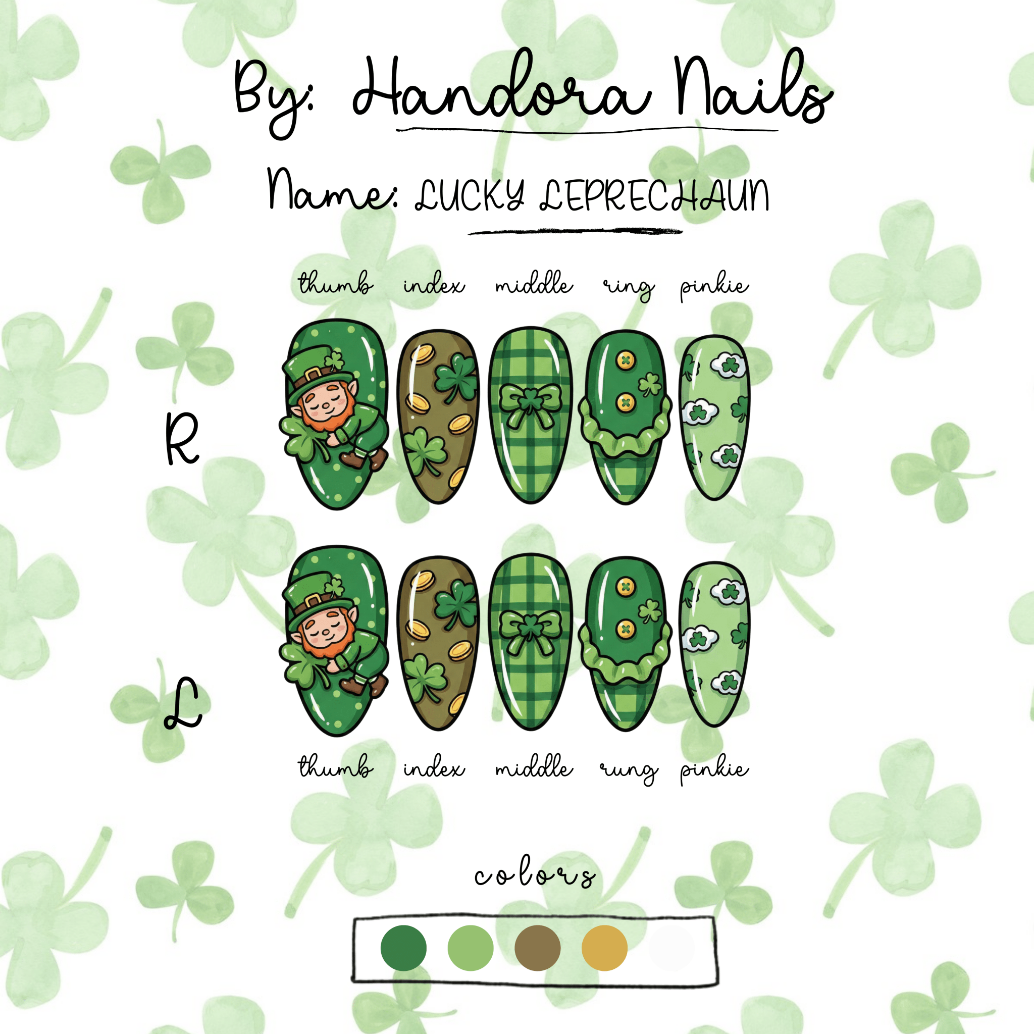Lucky Leprechaun press-on nails worn on hand – almond shape by Handora