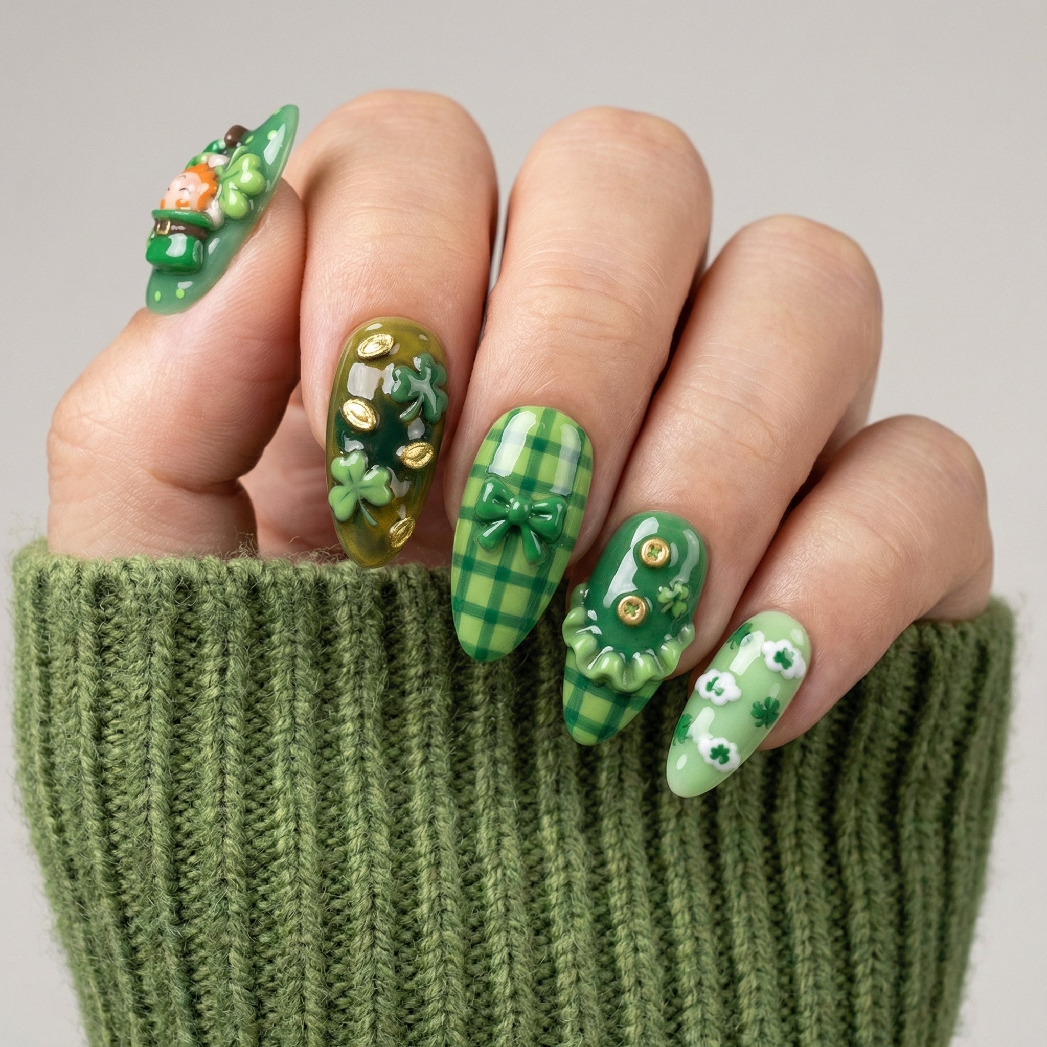Lucky Leprechaun press-on nails – hand-painted reusable gel set by Handora