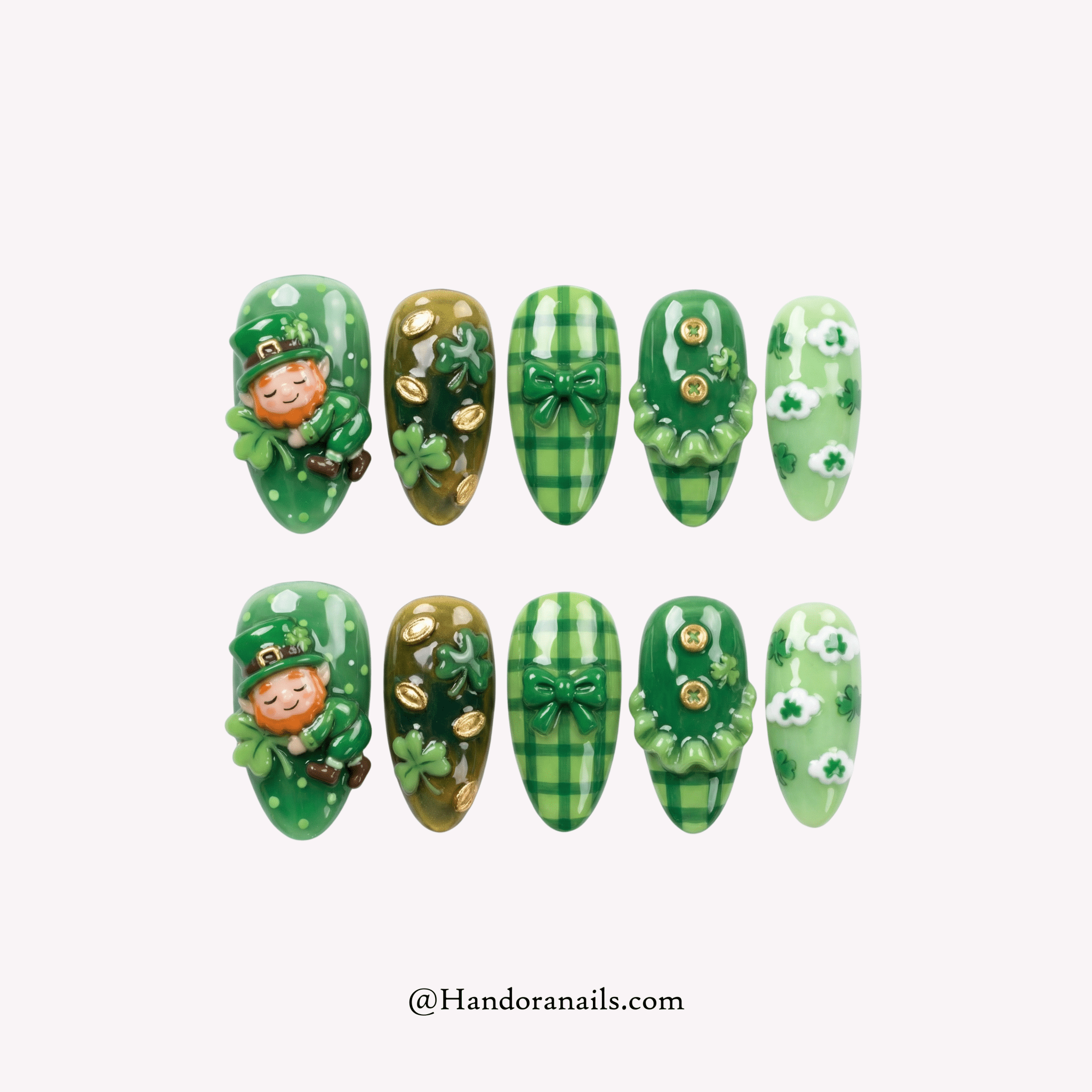 Lucky Leprechaun almond 3d press-on nails by Handora