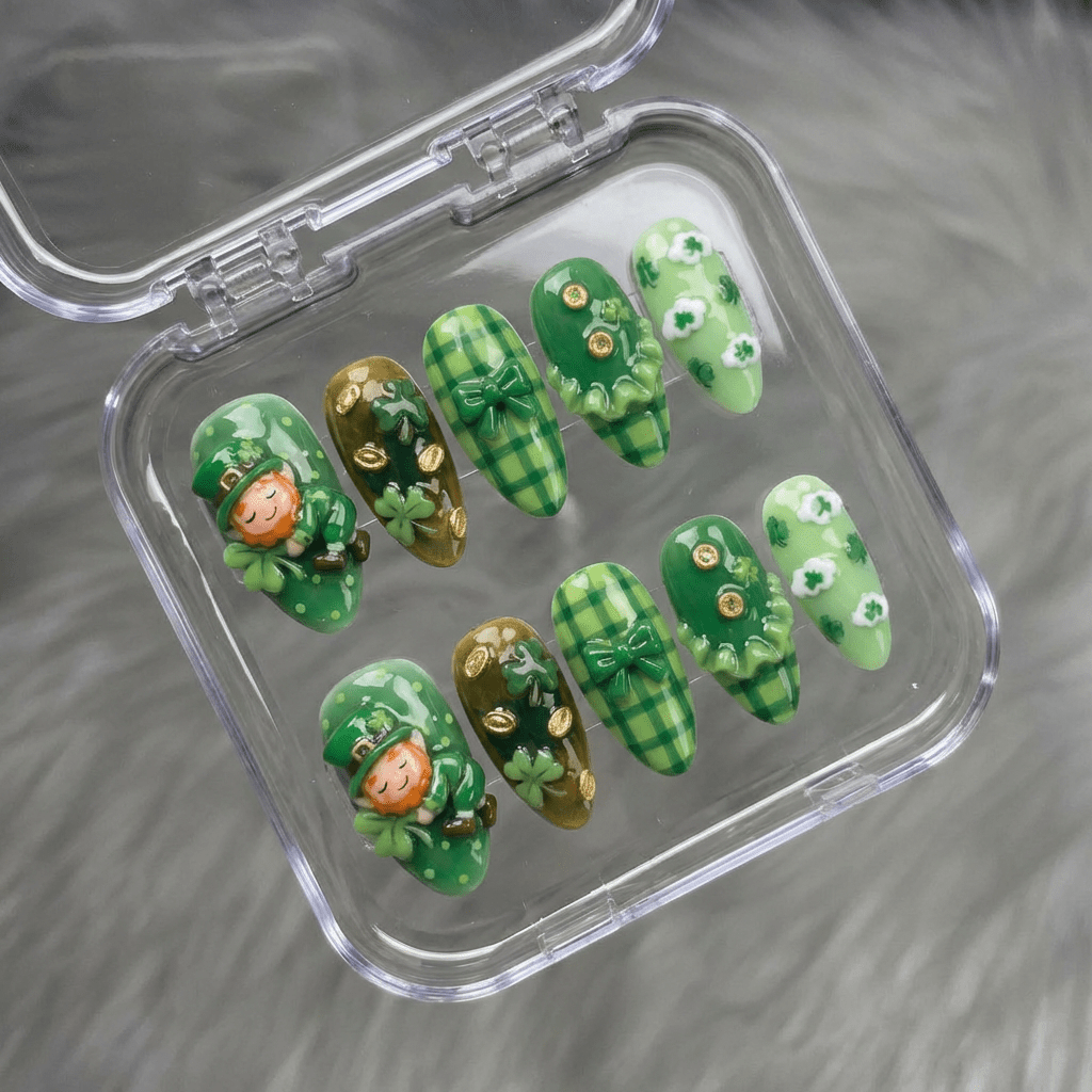 Lucky Leprechaun 3d nail design – handmade press-on nails by Handora