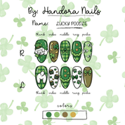 Lucky Poodle press-on nails worn on hand – almond shape by Handora