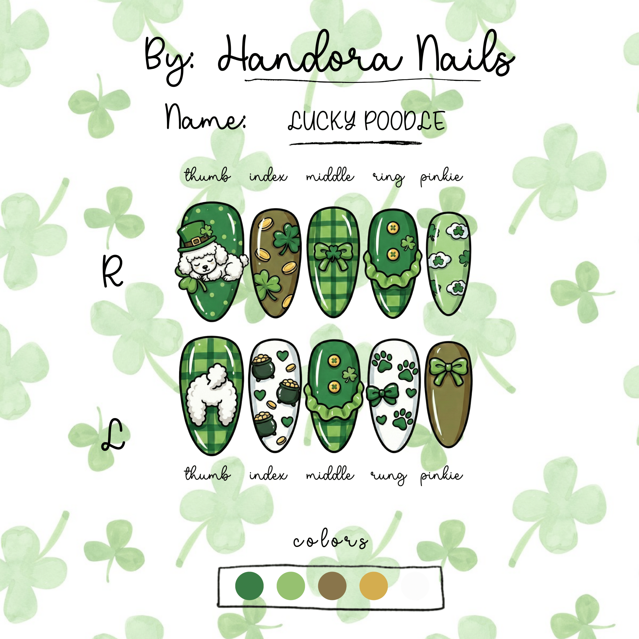 Lucky Poodle press-on nails worn on hand – almond shape by Handora