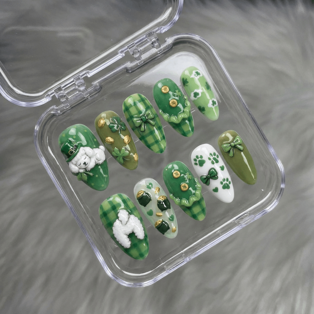 Lucky Poodle 3d nail design – handmade press-on nails by Handora