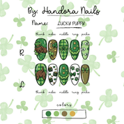 Lucky Puppy press-on nails worn on hand – almond shape by Handora