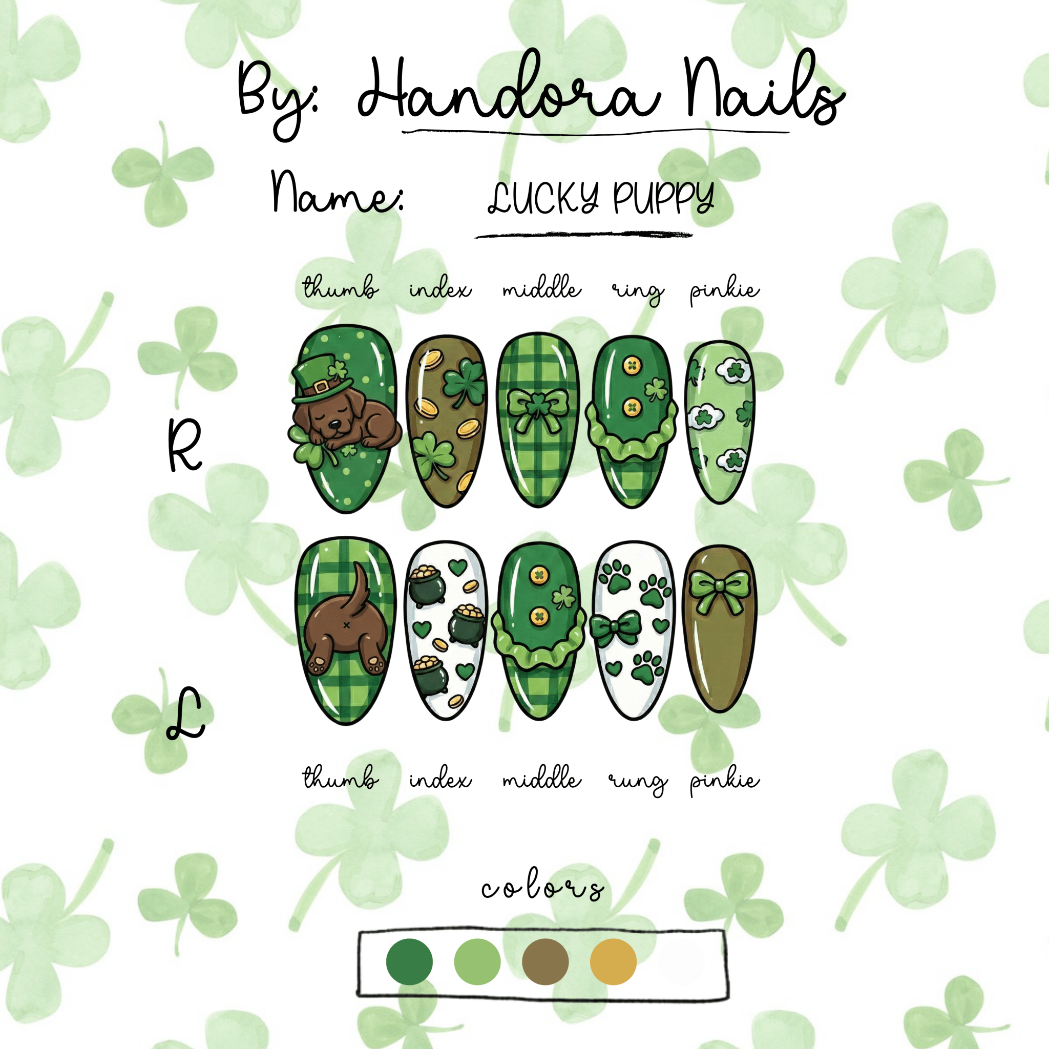 Lucky Puppy press-on nails worn on hand – almond shape by Handora