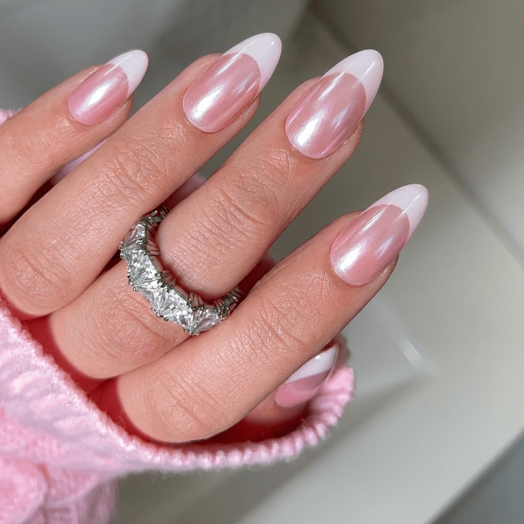 Luminous Rose press-on nails worn on hand – almond shape by Handora