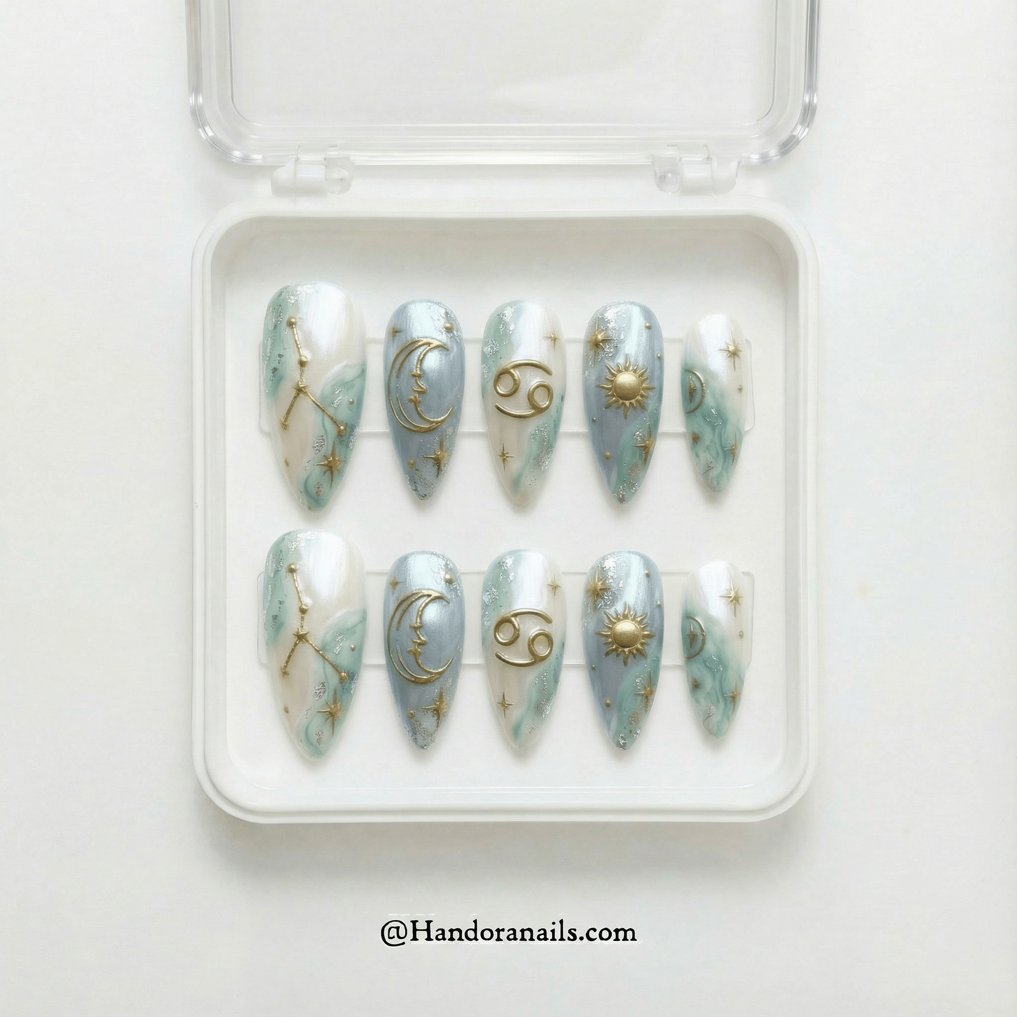 Lunar Cancer press-on nails worn on hand – almond shape by Handora