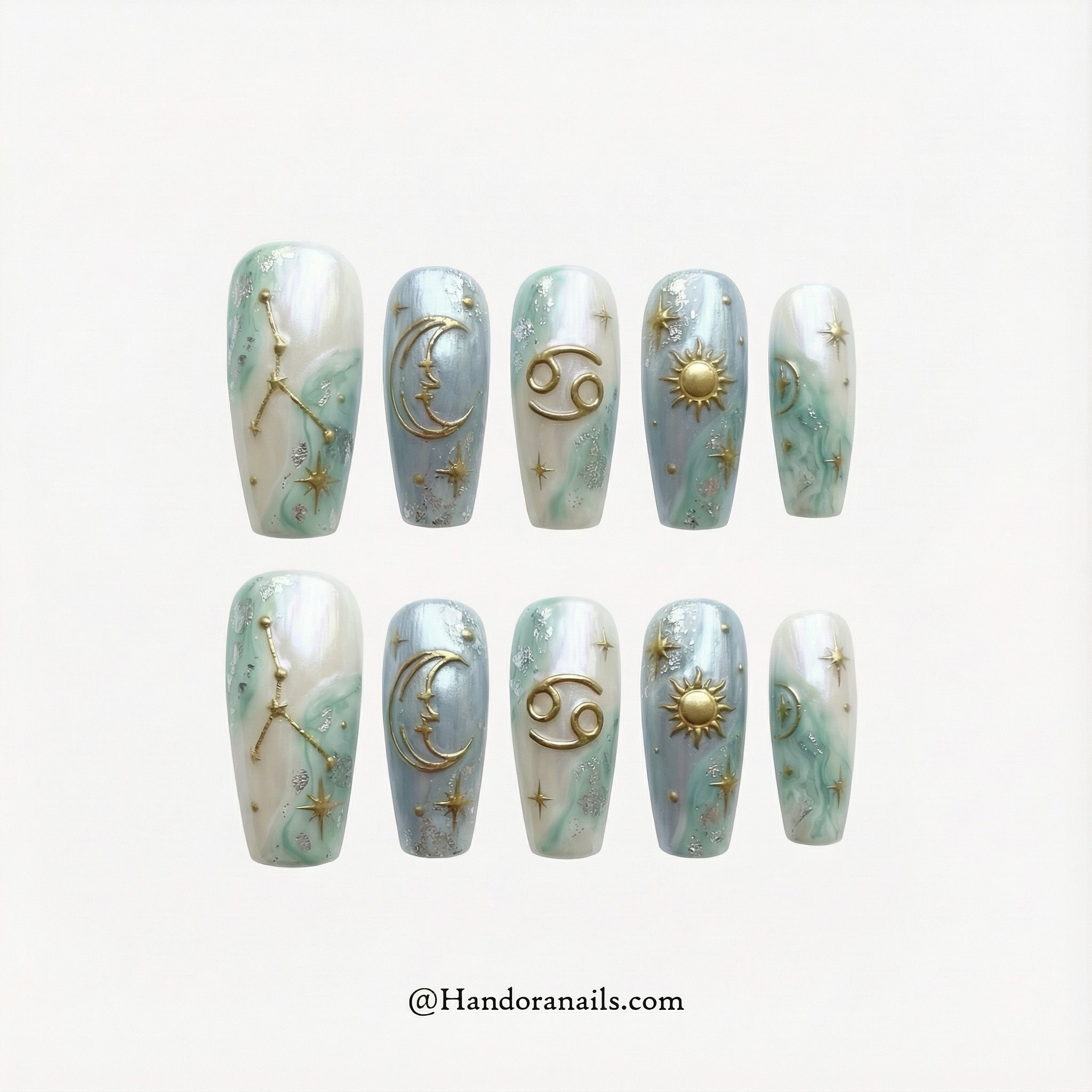 Lunar Cancer press-on nails – design close-up by Handora