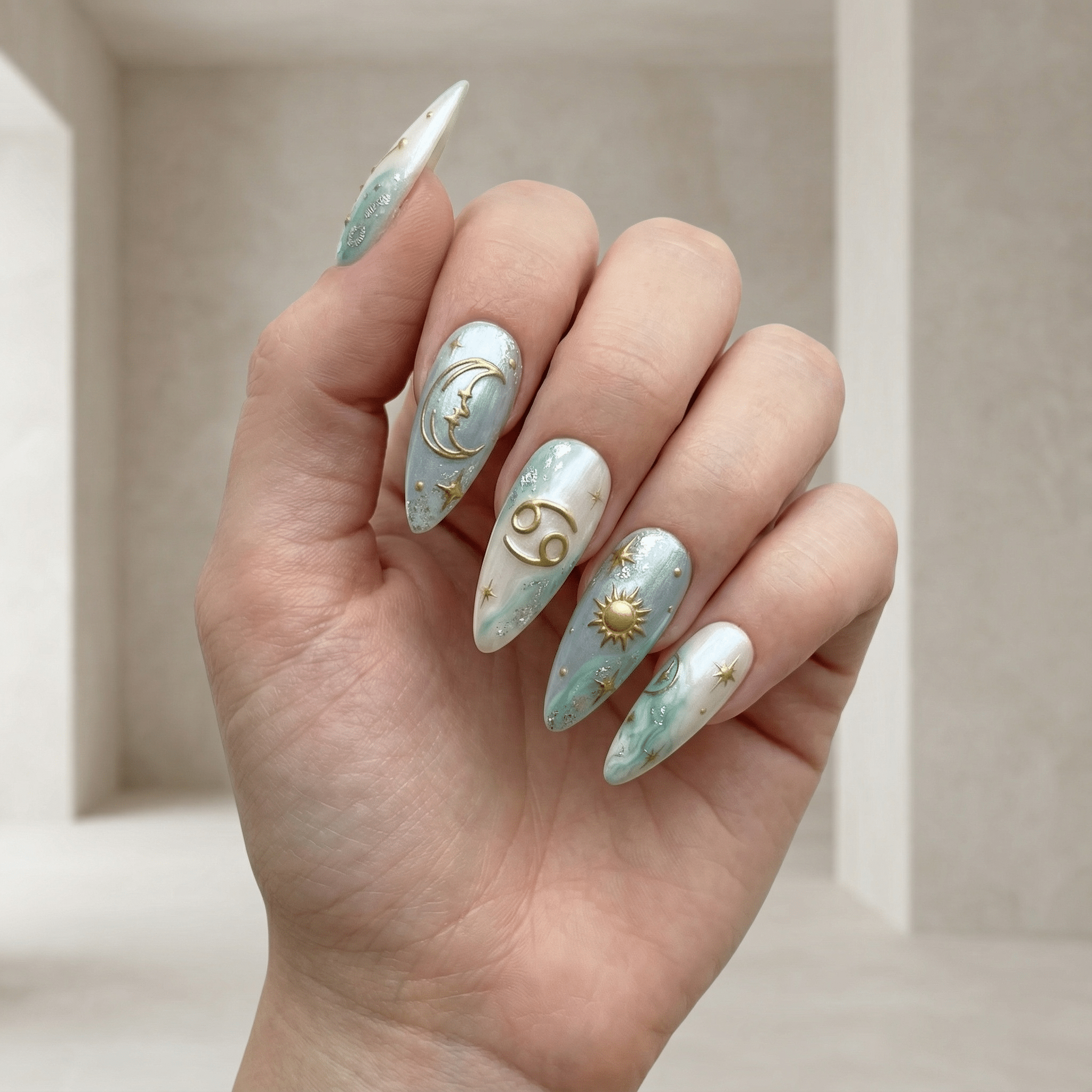 Lunar Cancer press-on nails – hand-painted reusable gel set by Handora