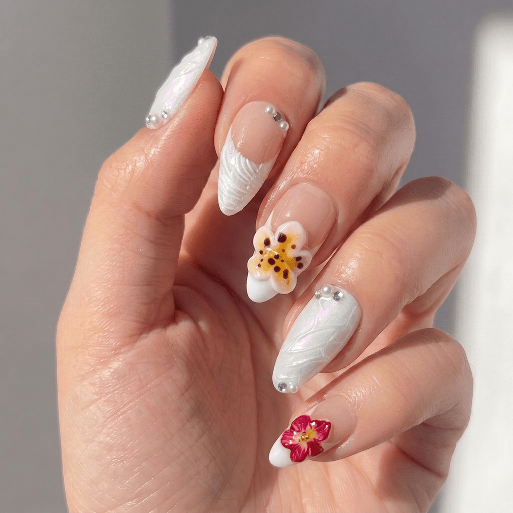 Lustrous Rose floral nail design – handmade press-on nails by Handora