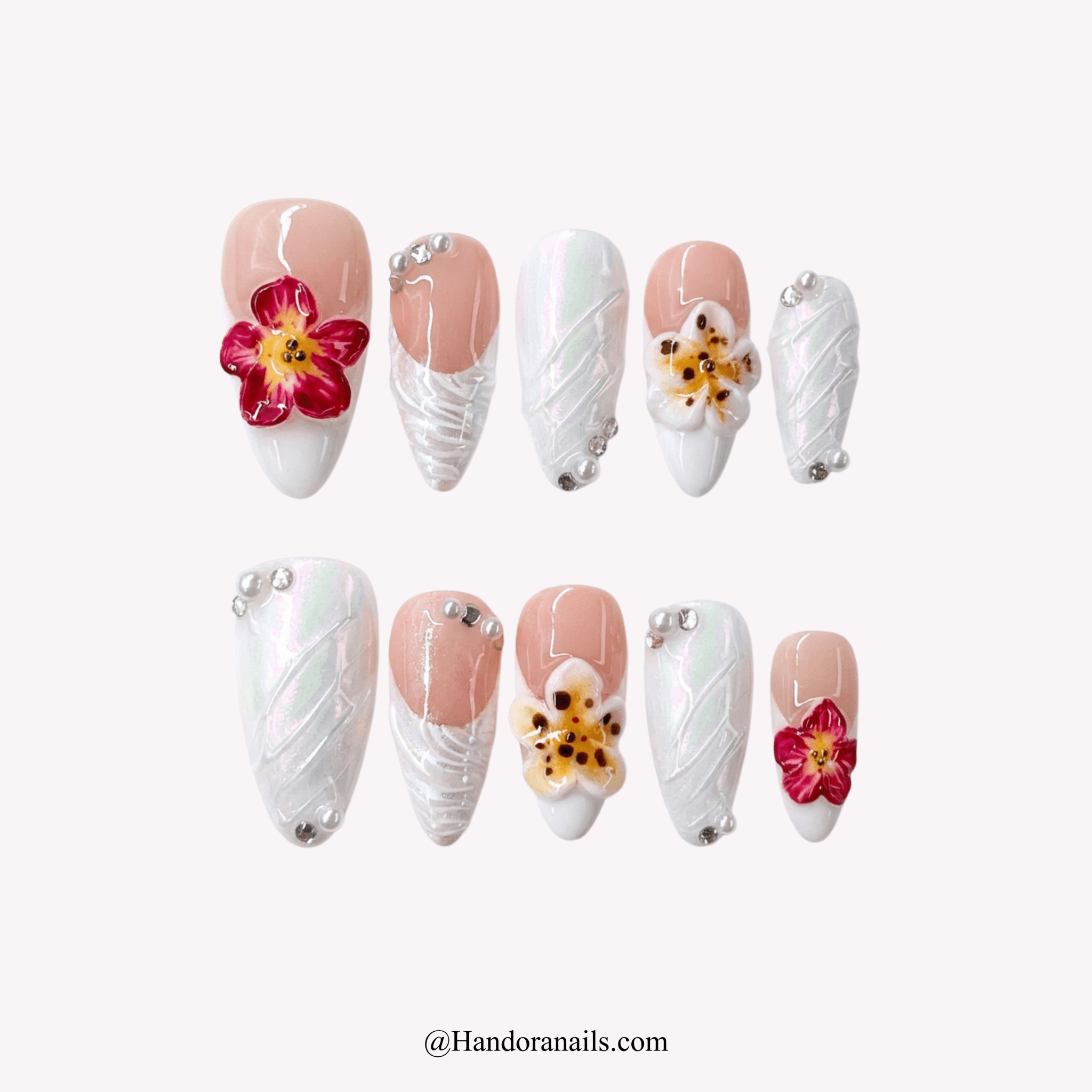 Lustrous Rose pink floral press-on nails by Handora