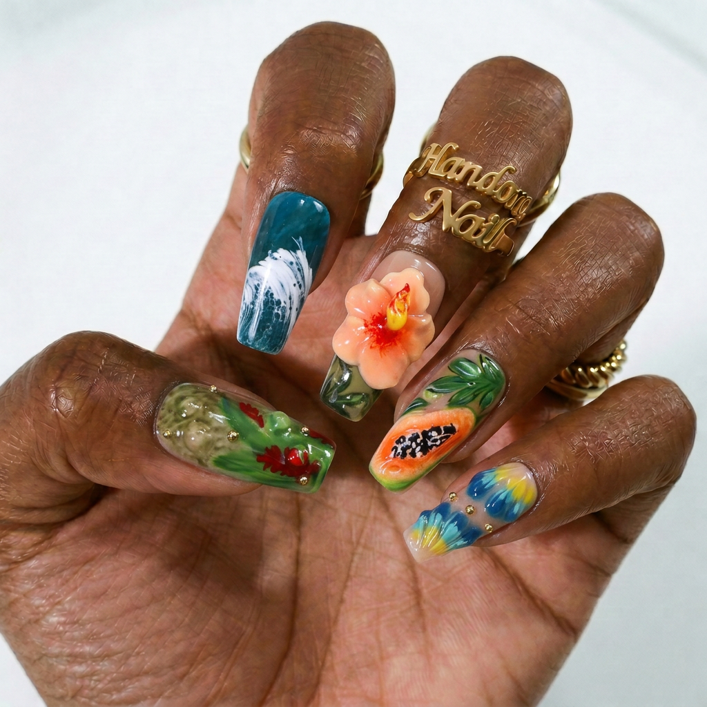 Tropical Jungle press-on nails – hand-painted reusable gel set by Handora