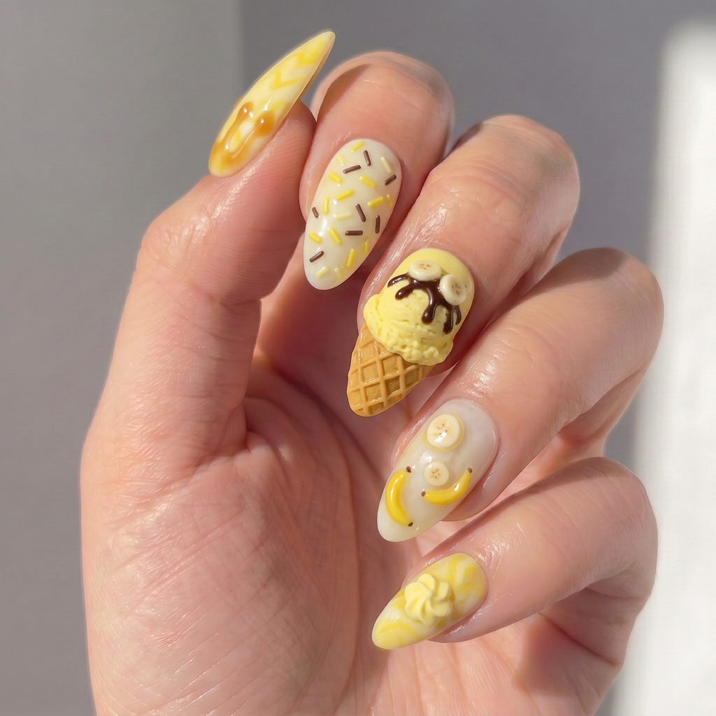 Banana Sundae press-on nails by Handora