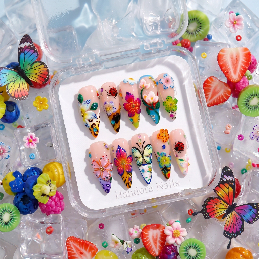 Blush Glaze floral nail design – handmade press-on nails by Handora