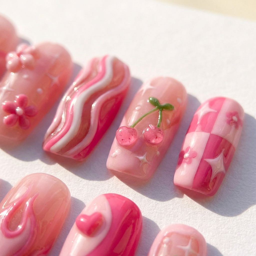 Berry Bliss square press-on nails – design close-up by Handora