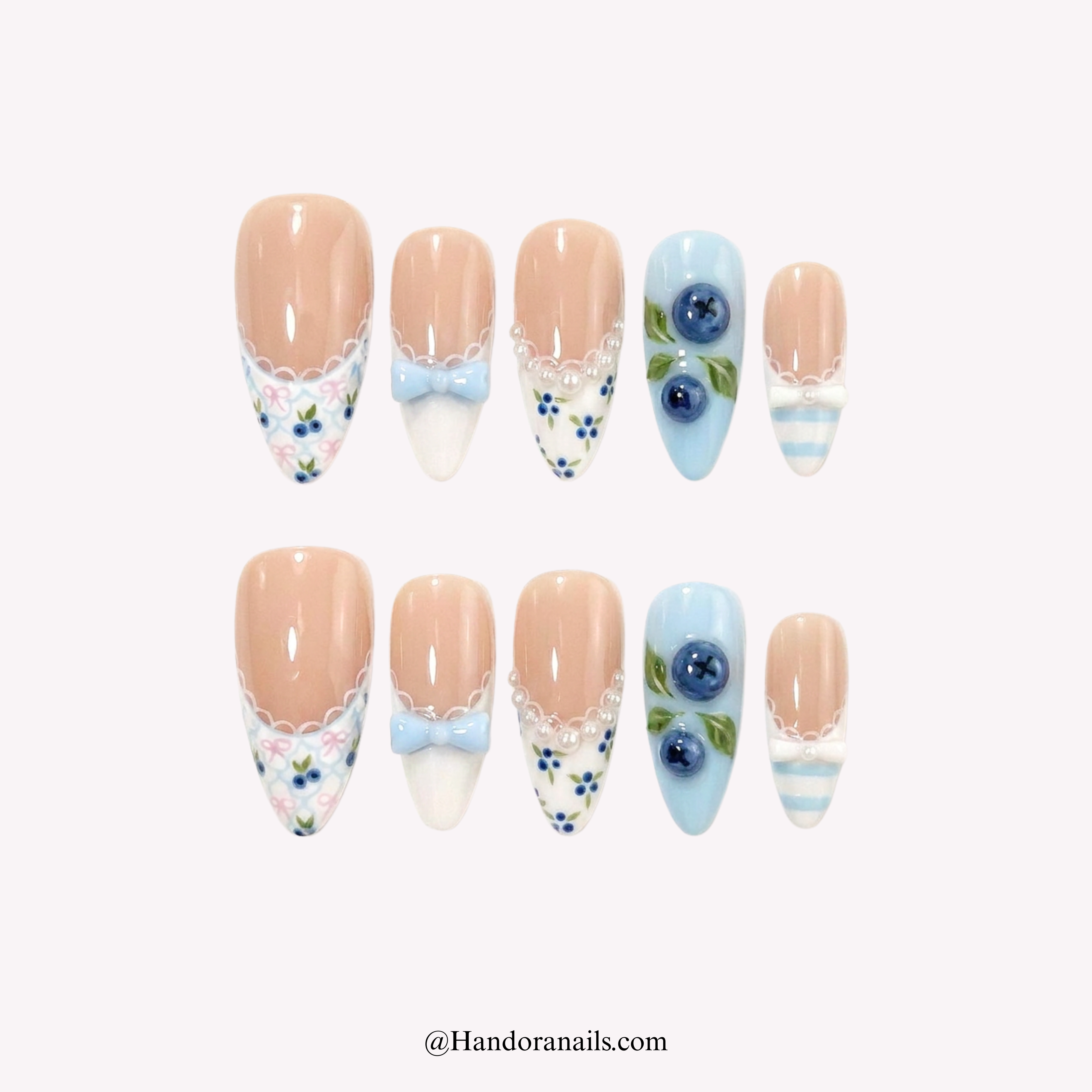 Blueberry Bows blue almond press-on nails by Handora