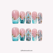 Teal Bloom floral press-on nails by Handora