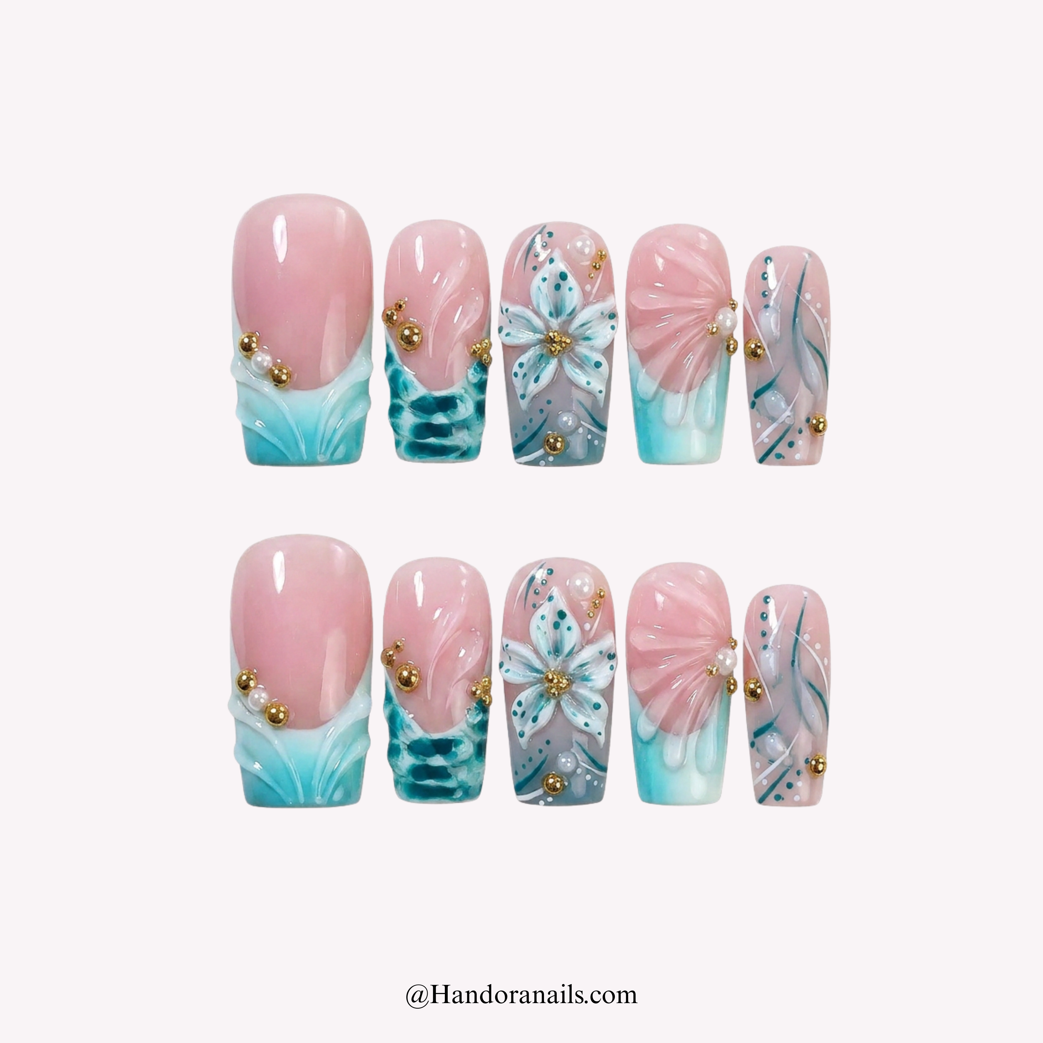 Teal Bloom floral press-on nails by Handora