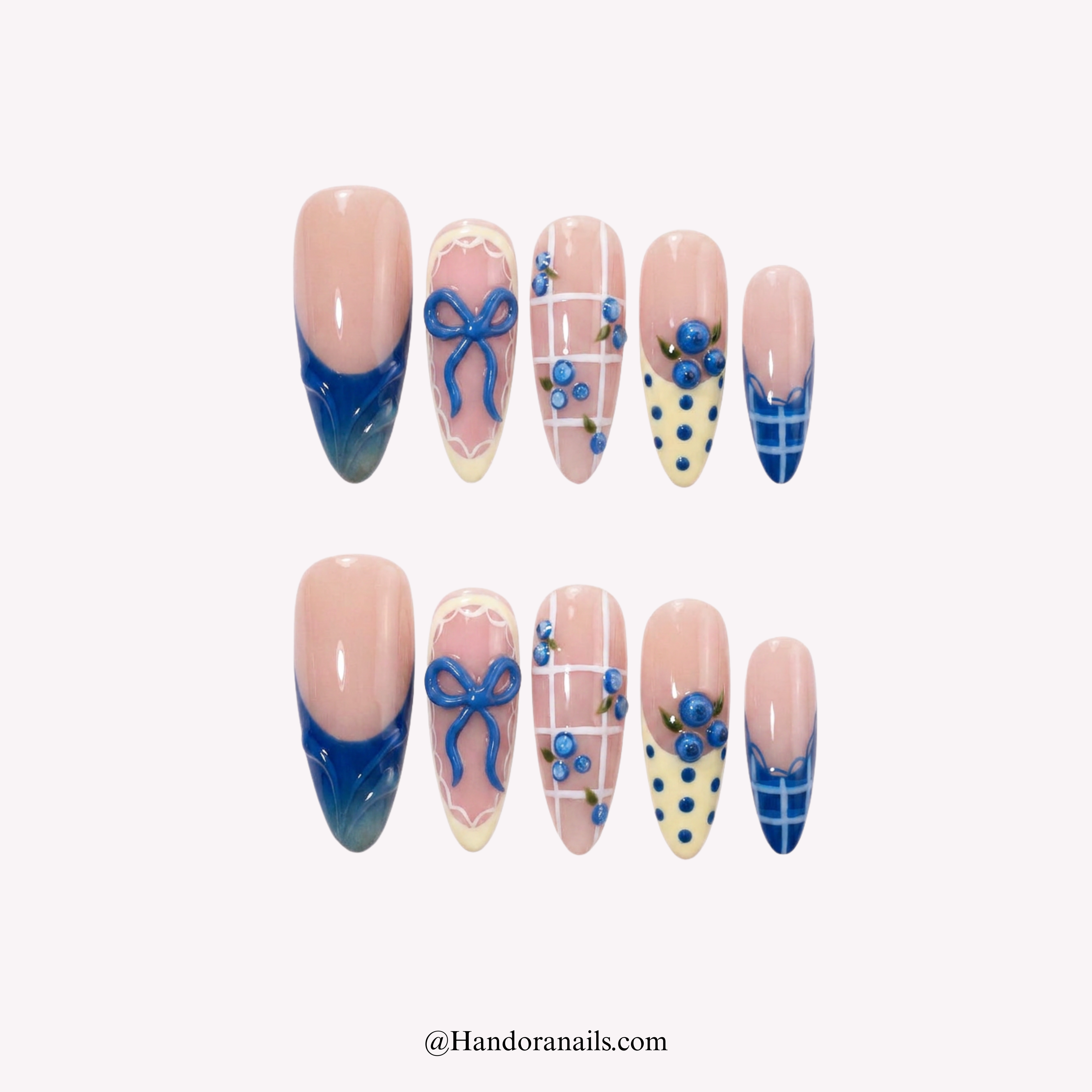 Berry Bows almond press-on nails by Handora