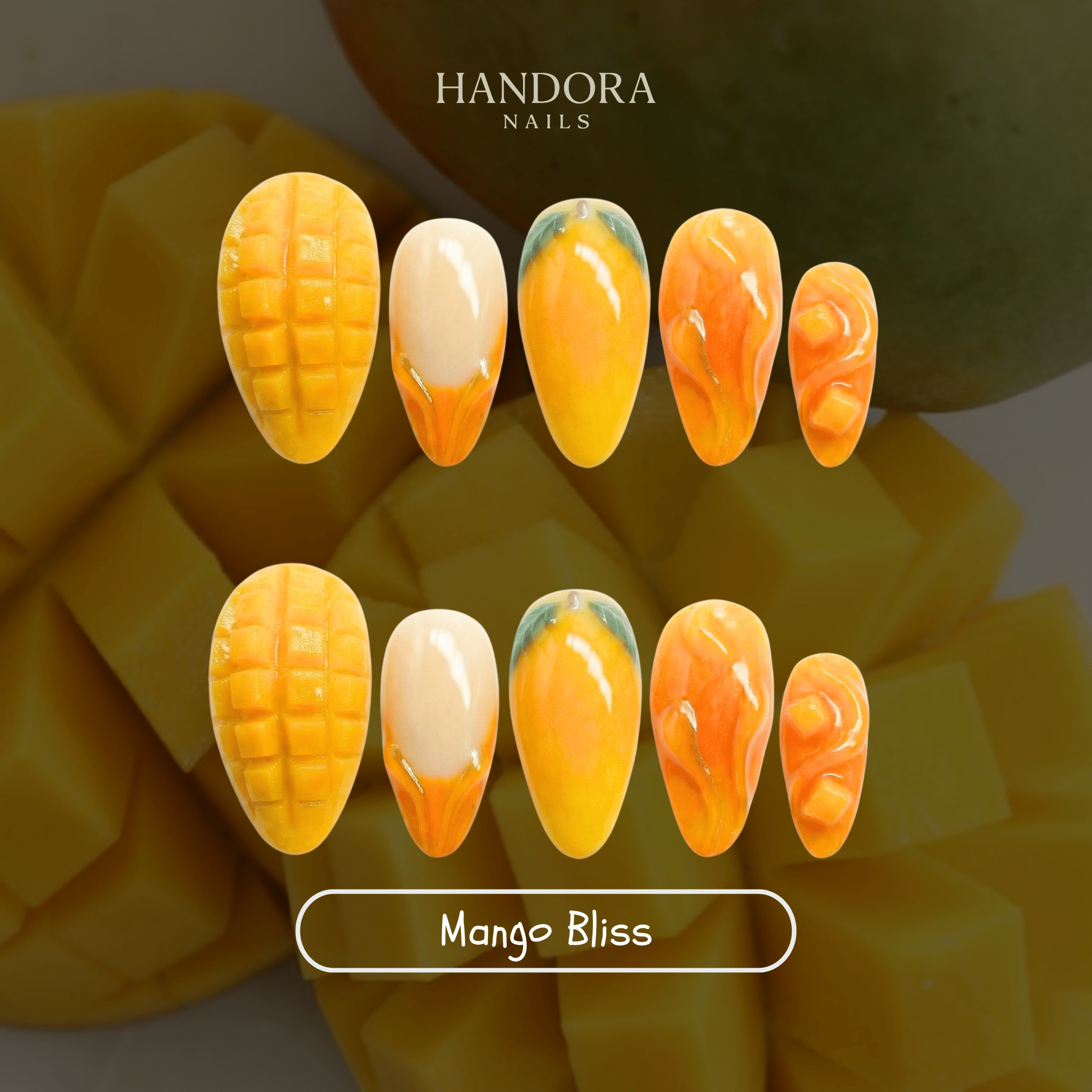 Mango Bliss press-on nails – design close-up by Handora