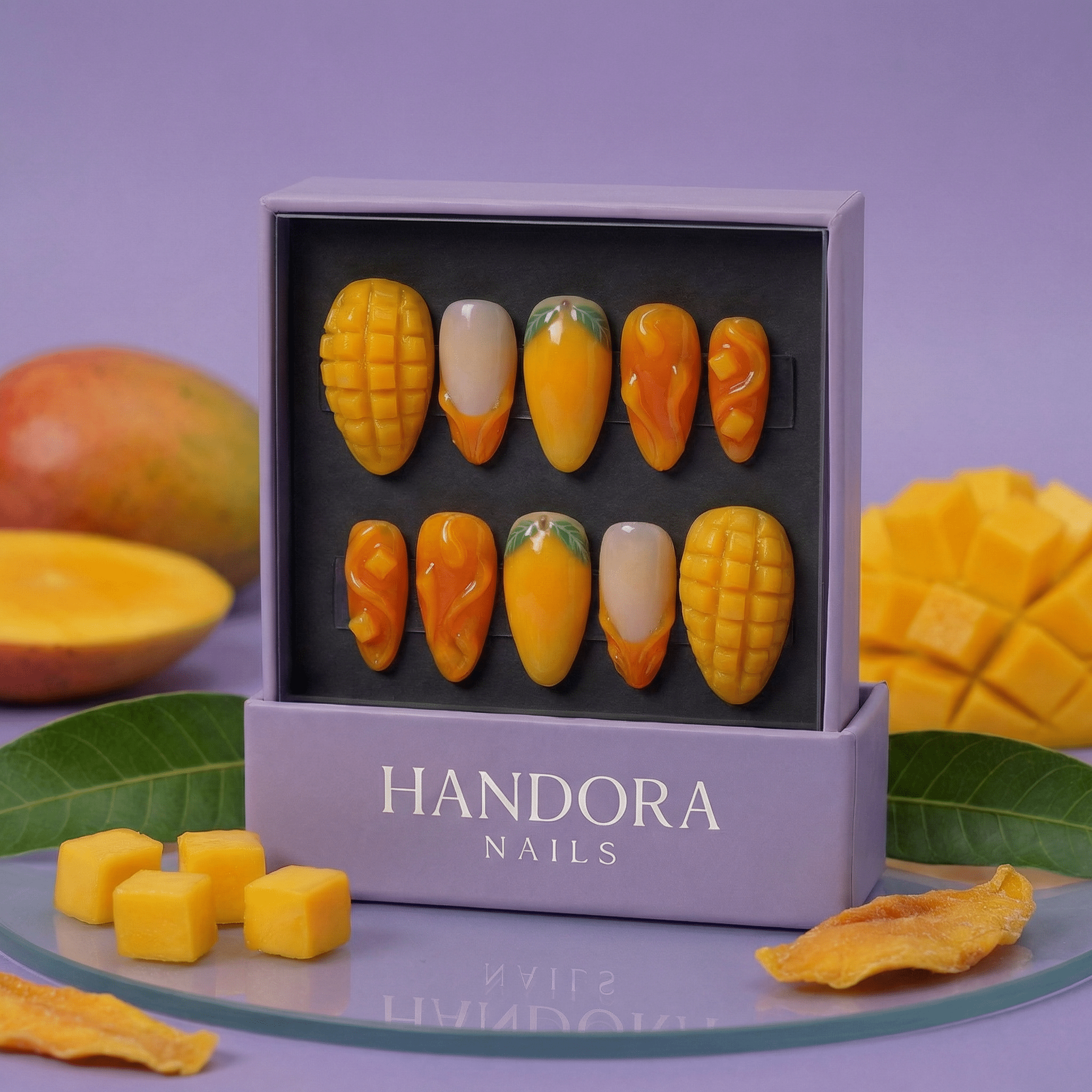 Mango Bliss salon-quality handmade press-on nails by Handora