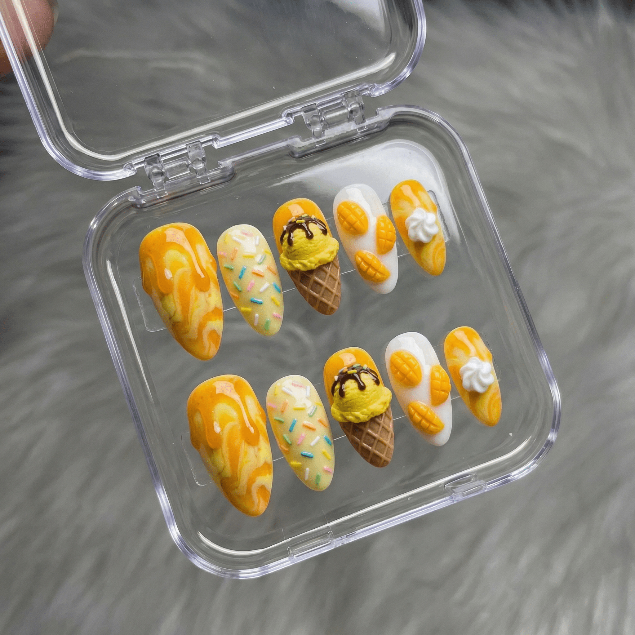 Mango Sundae press-on nails worn on hand – almond shape by Handora