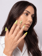 Margarita press-on nails worn on hand – almond shape by Handora