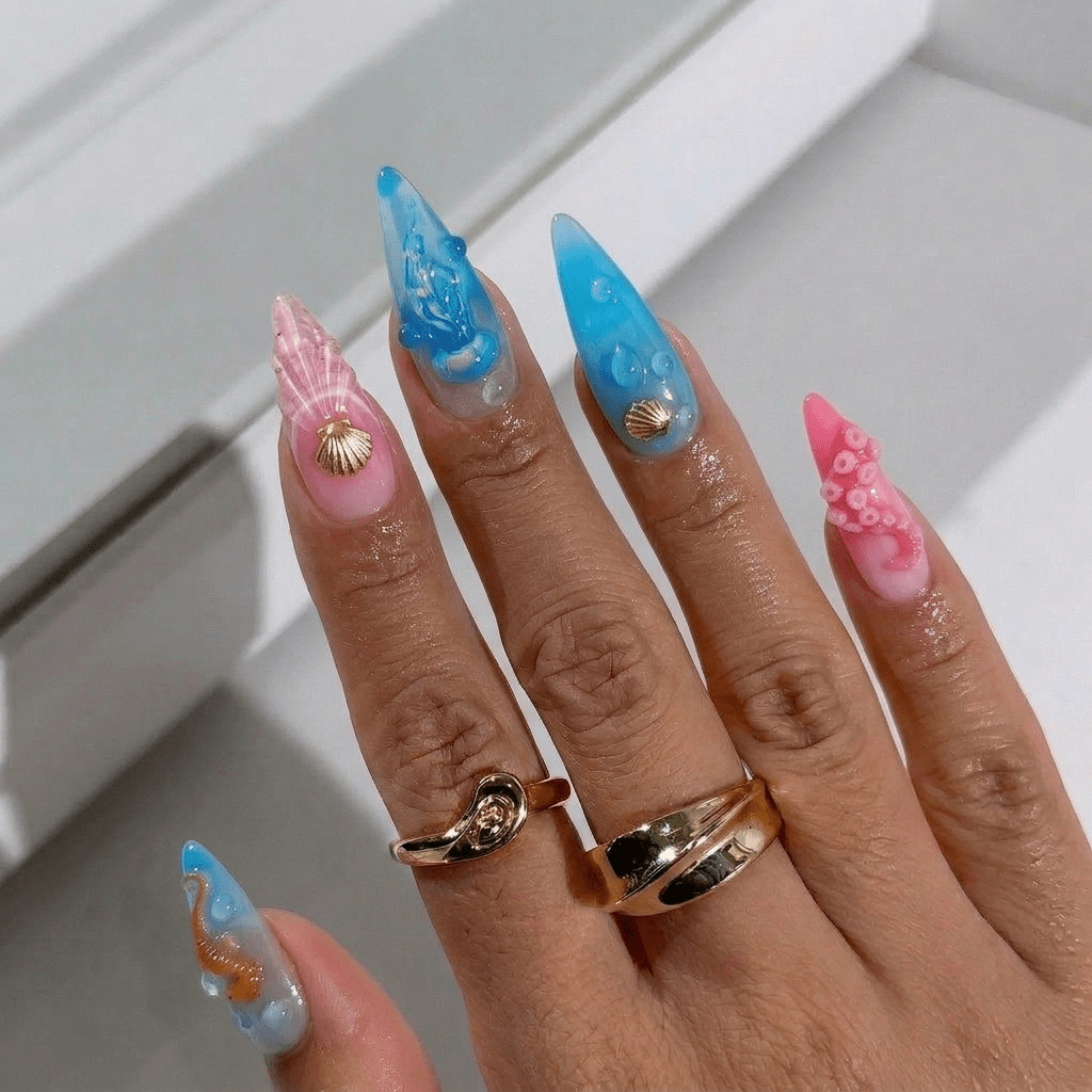 Marine Abyss almond press-on nails – design close-up by Handora