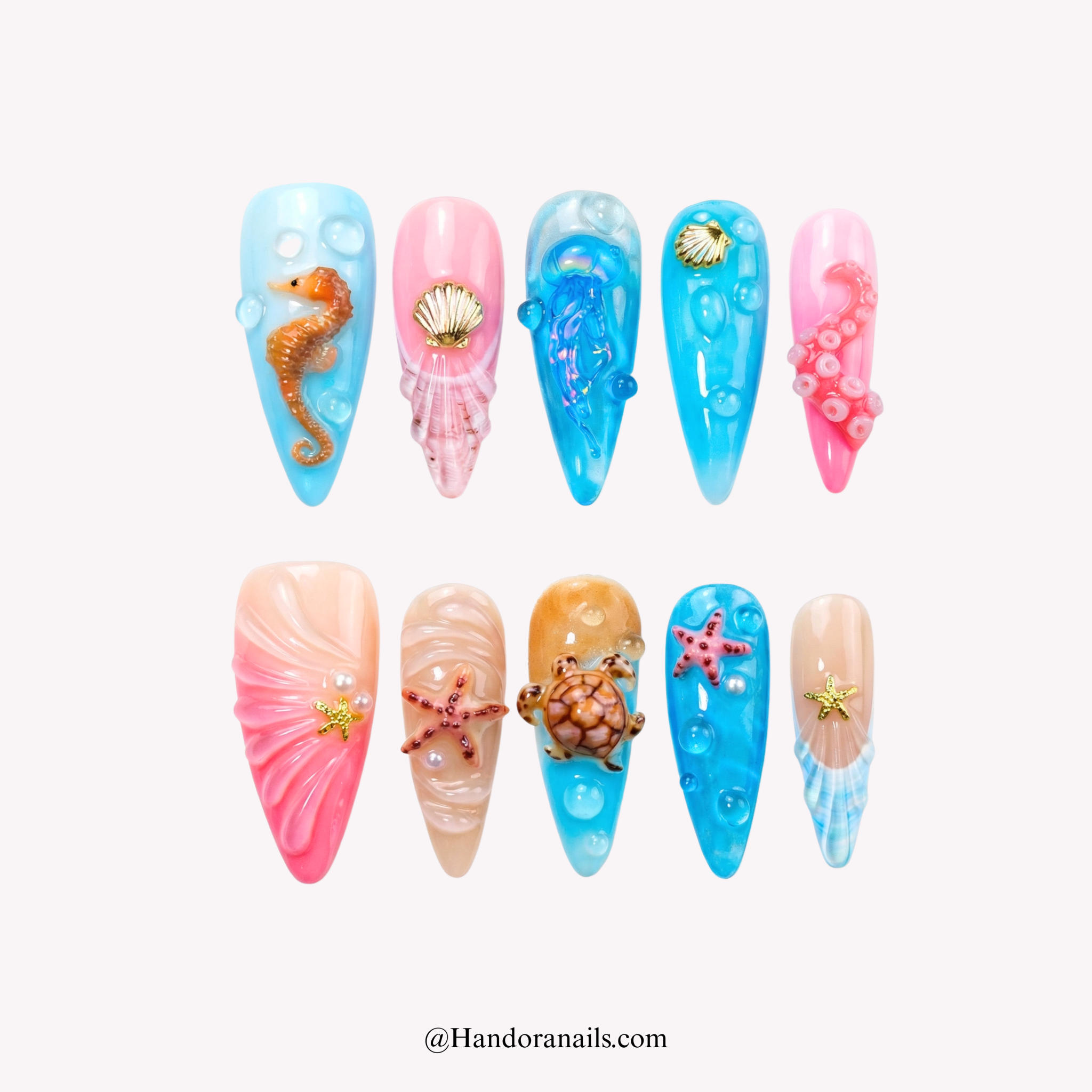 Marine Abyss almond press-on nails by Handora