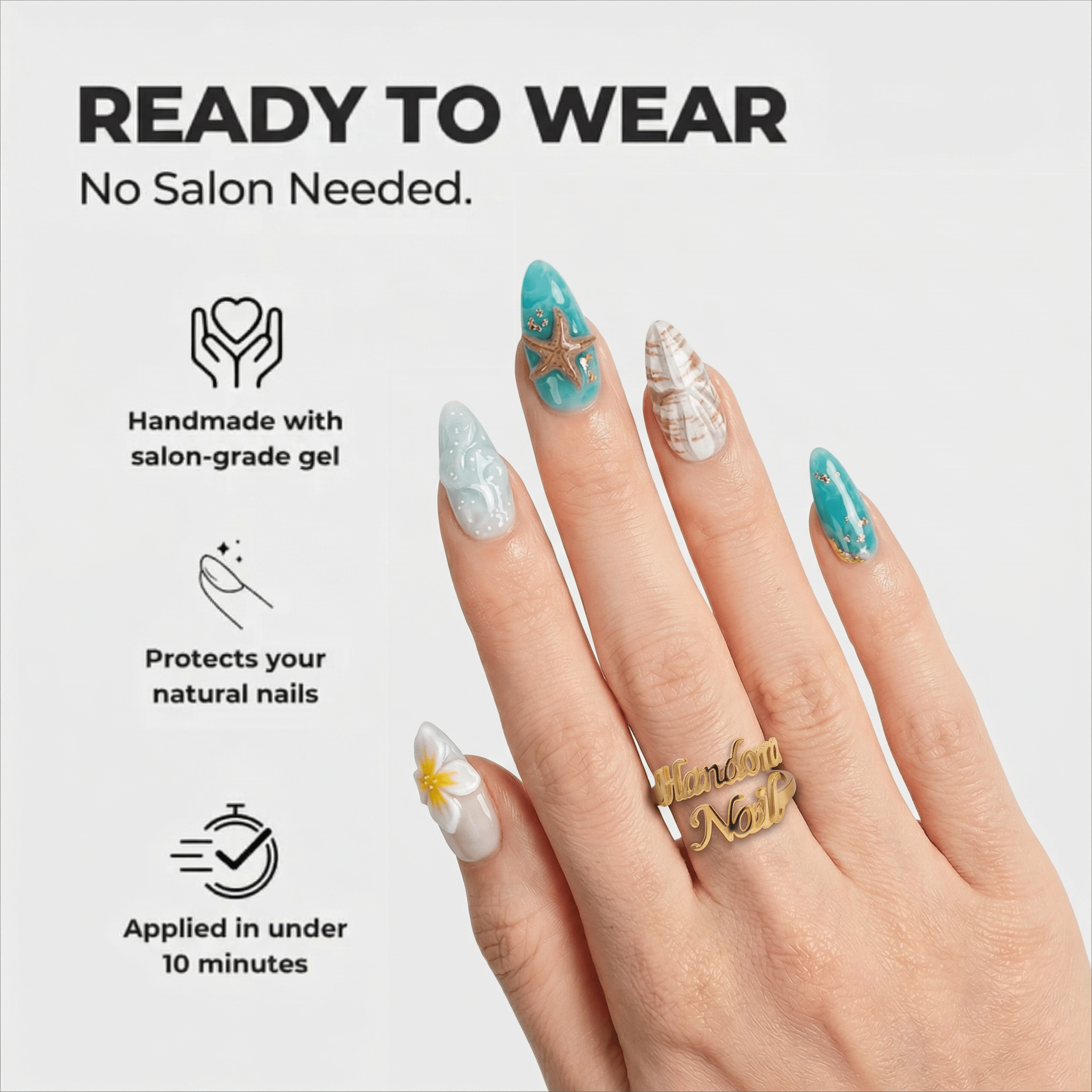 Marine Bloom press-on nails – design close-up by Handora