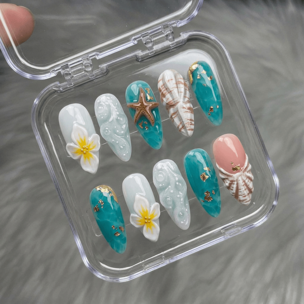 Marine Bloom full press-on nail set – sizes XS–L by Handora
