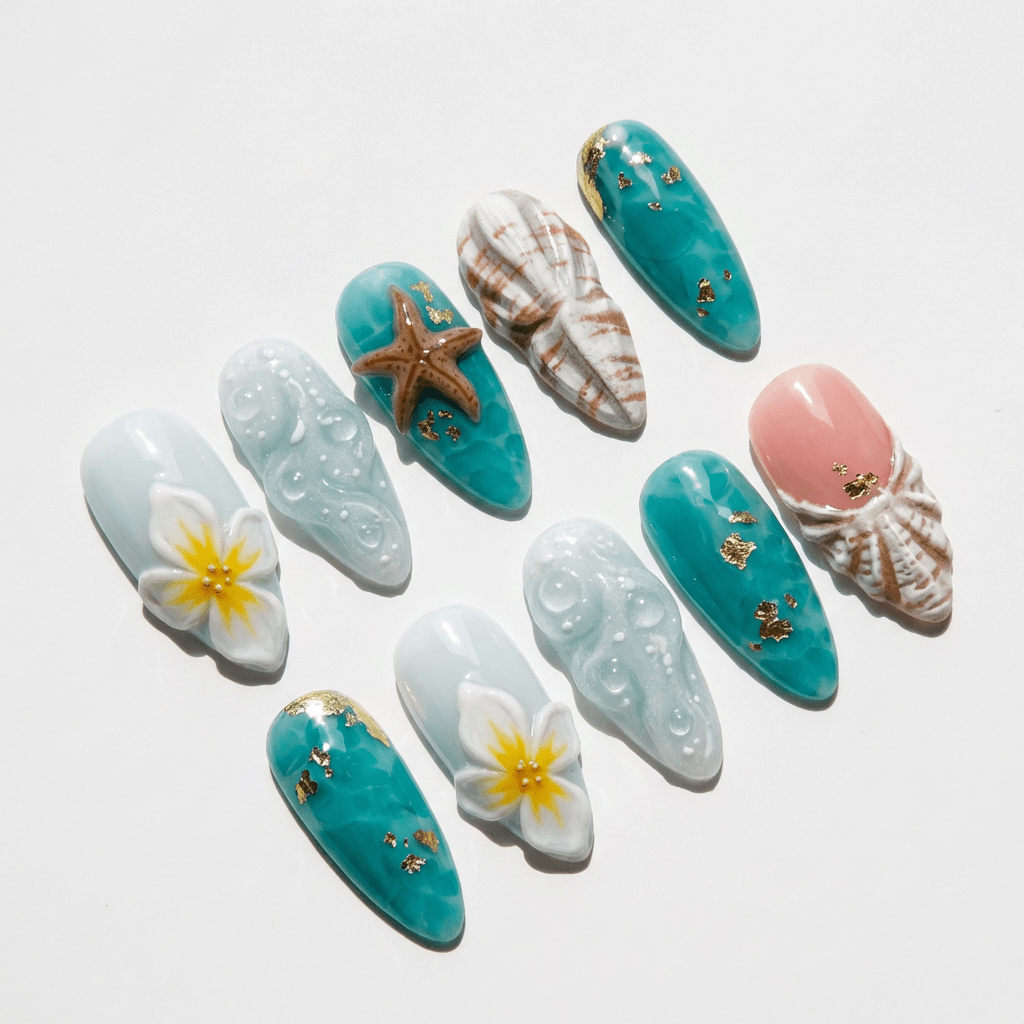 Marine Bloom floral nail design – handmade press-on nails by Handora