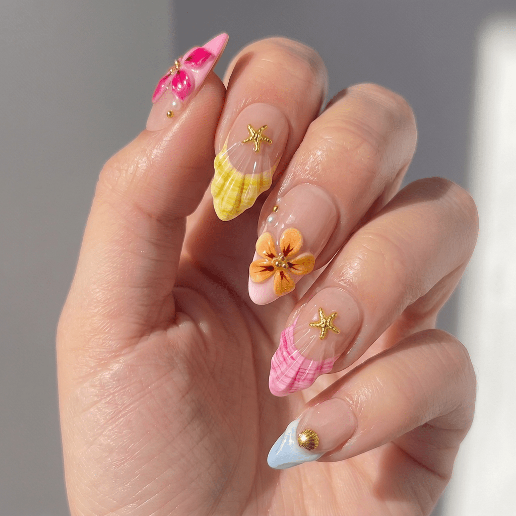 Marine Blossom press-on nails worn on hand – almond shape by Handora